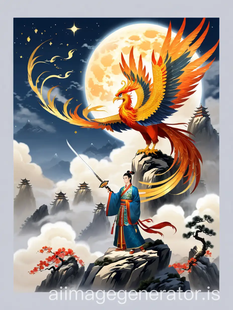 Handsome-Man-with-Longsword-and-Chinese-Phoenix-Under-the-Full-Moon