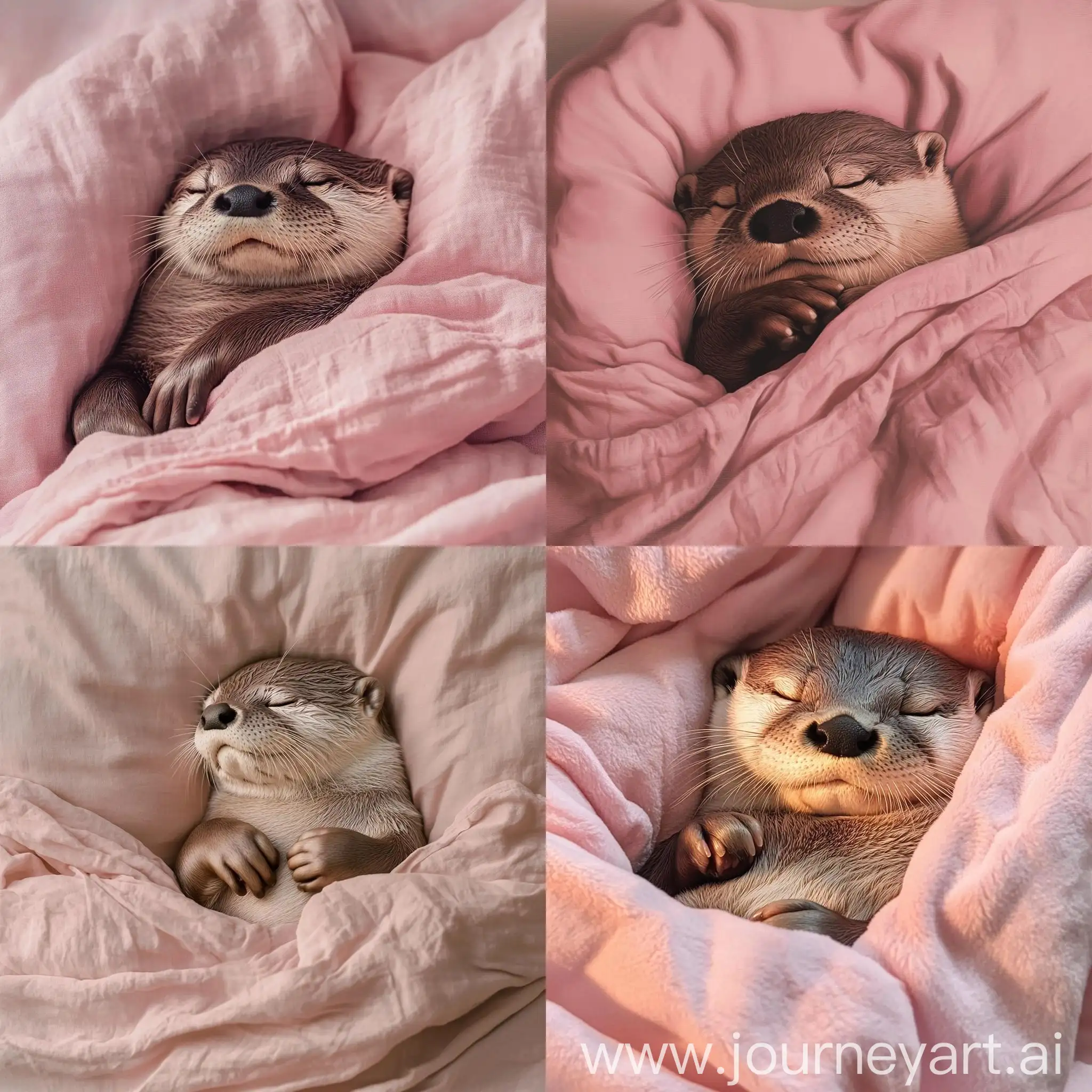 Sweetly-Sleeping-Otter-in-Light-Pink-Bed-with-Pink-Blanket