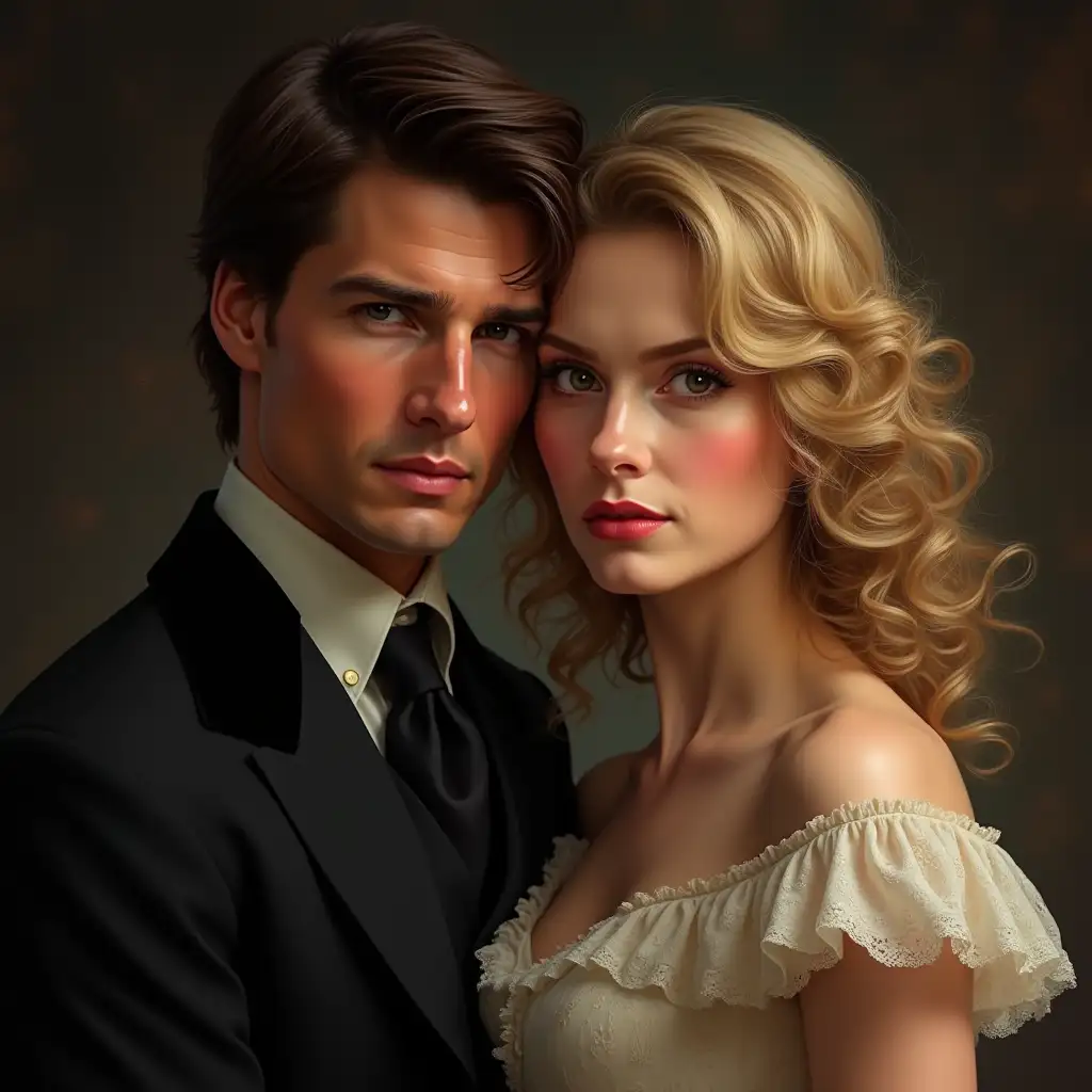 A digital art portrait of two lovers: a handsome young Tom Cruise embraces a young  Nicole Kidman with curly blond hair. both of the same height.  Against a mysterious background. Both of the same height. Victorian style, Both looking at the camera, close-up, the smallest details, realistic hand drawing, masterpiece