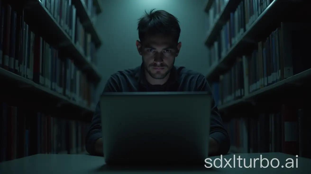 A Suspicious Adult Man working on his laptop in a Shady Looking Library with a Dark mood tone of color pallate