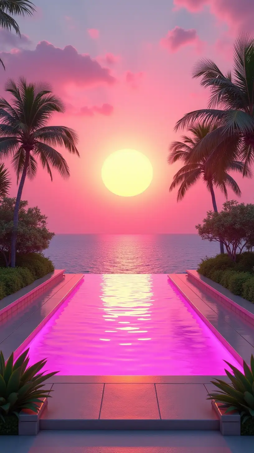 Surreal Tropical Sunset with Neon Infinity Pool