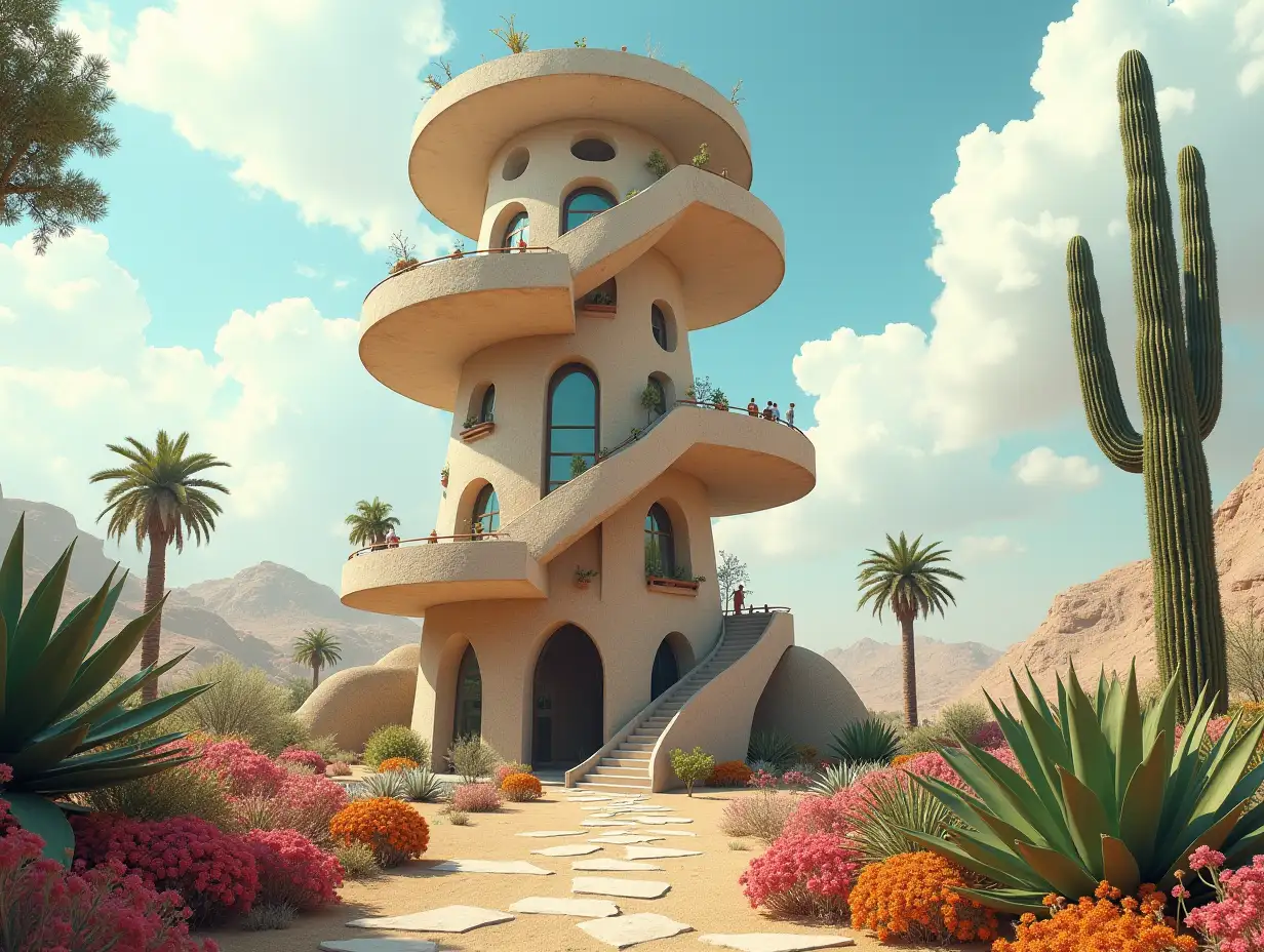 Create a high-resolution, realistic panorama image of a spiral staircase tower building with window UFO house with bridge, humans, many plants and colorful flowers white and brown facades in the desert oasis, large trees, very cloudy sky