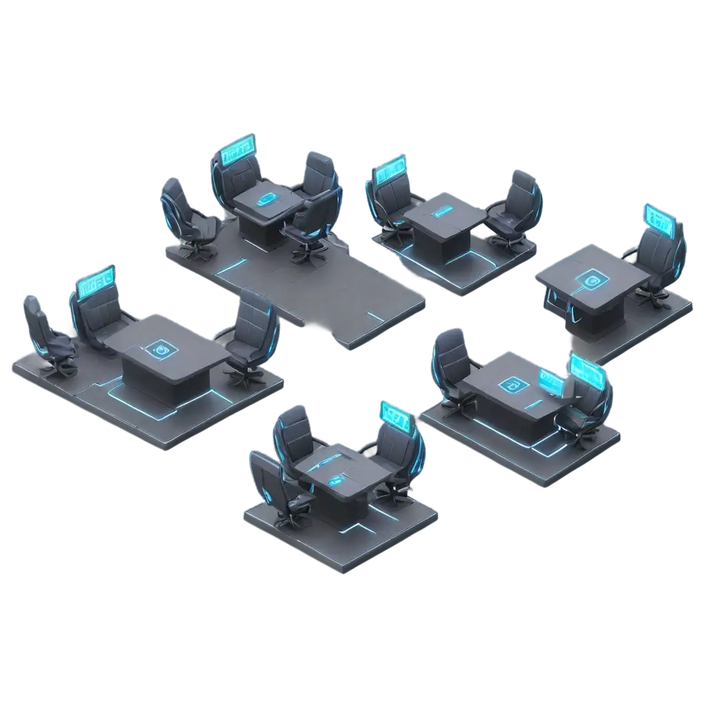 6 Isometric View 3D Icons for Conference Table, Cyberpunk Style