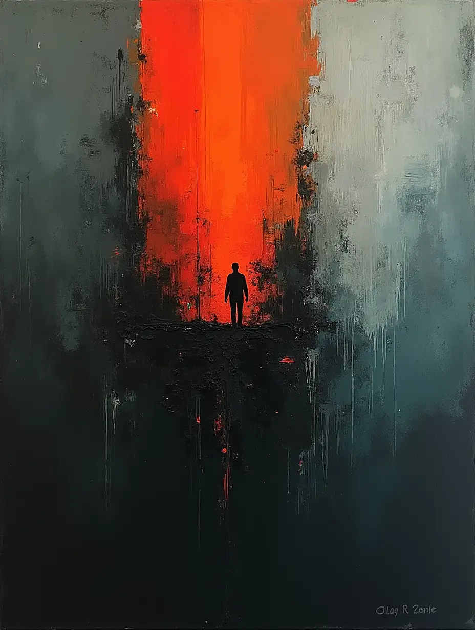 Create an abstract painting with moody, fragmented brushstrokes in gunmetal gray, deep crimson, and dark olive green tones. Use smudged edges and rough blending to create a textured, atmospheric effect, with pops of bright orange for sharp contrast. The composition should feel ominous and dramatic.