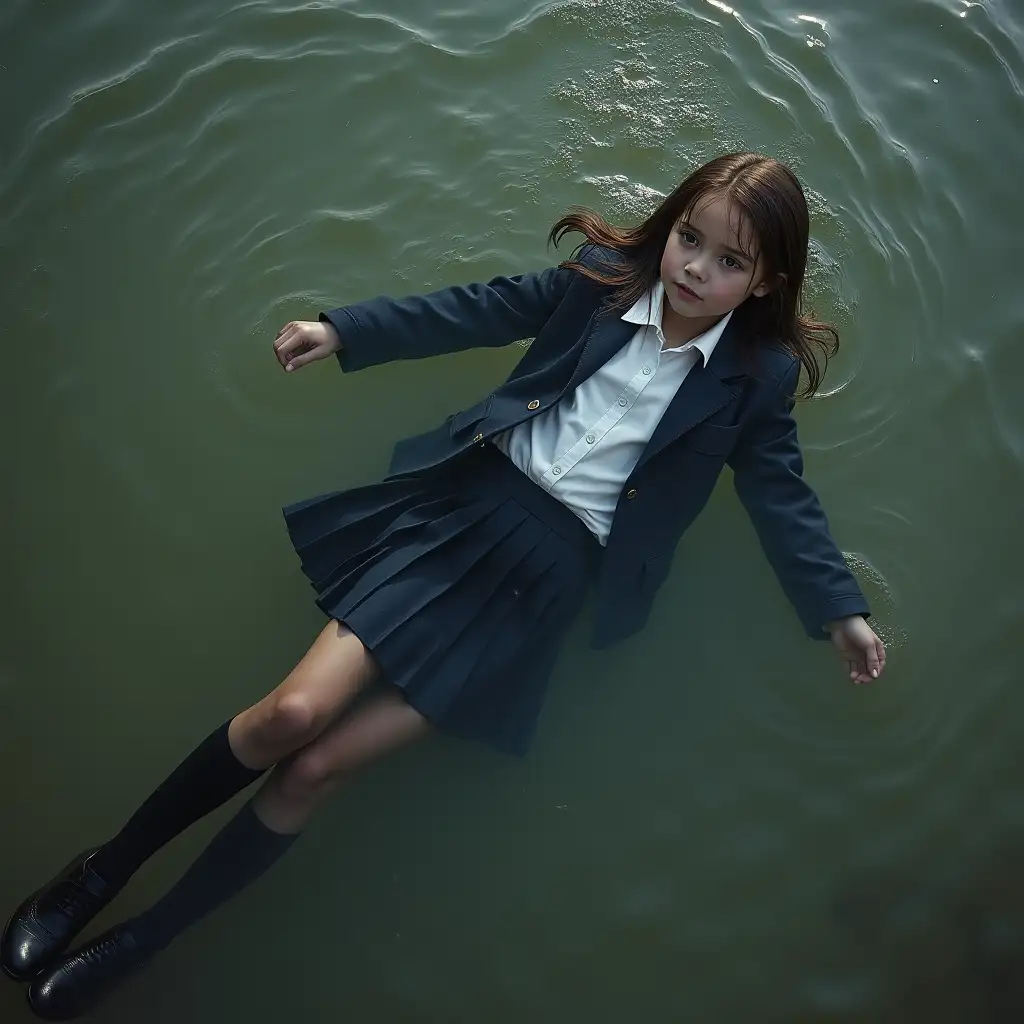 A young schoolgirl in a school uniform, in a skirt, jacket, blouse, dark tights, high-heeled shoes. She is swimming in a dirty pond, lying underwater, all her clothes are completely wet, wet clothes stick to her body, the whole body is underwater, submerged in water, under the surface of the water, below the water's edge.