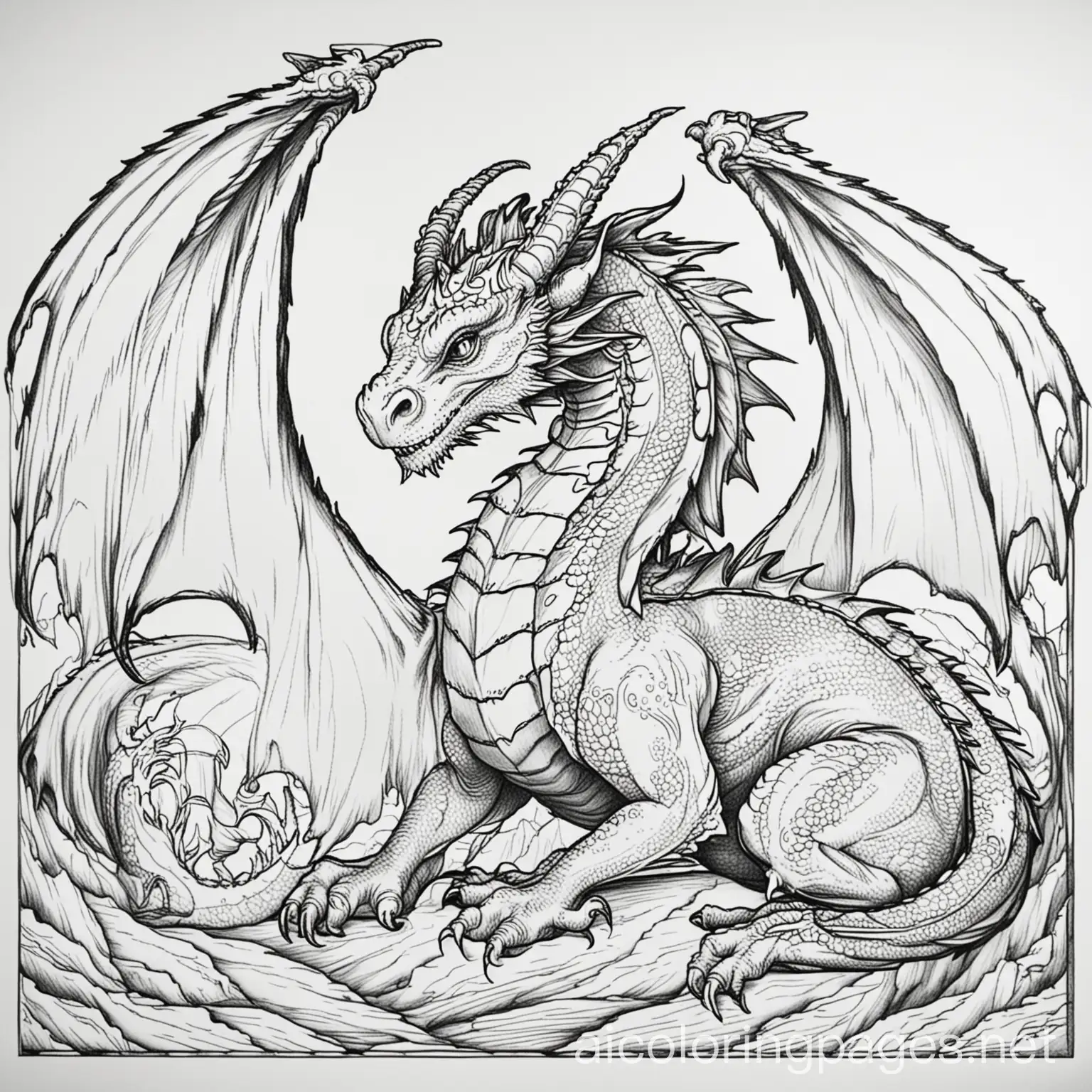 dragons, Coloring Page, black and white, line art, white background, Simplicity, Ample White Space. The background of the coloring page is plain white to make it easy for young children to color within the lines. The outlines of all the subjects are easy to distinguish, making it simple for kids to color without too much difficulty