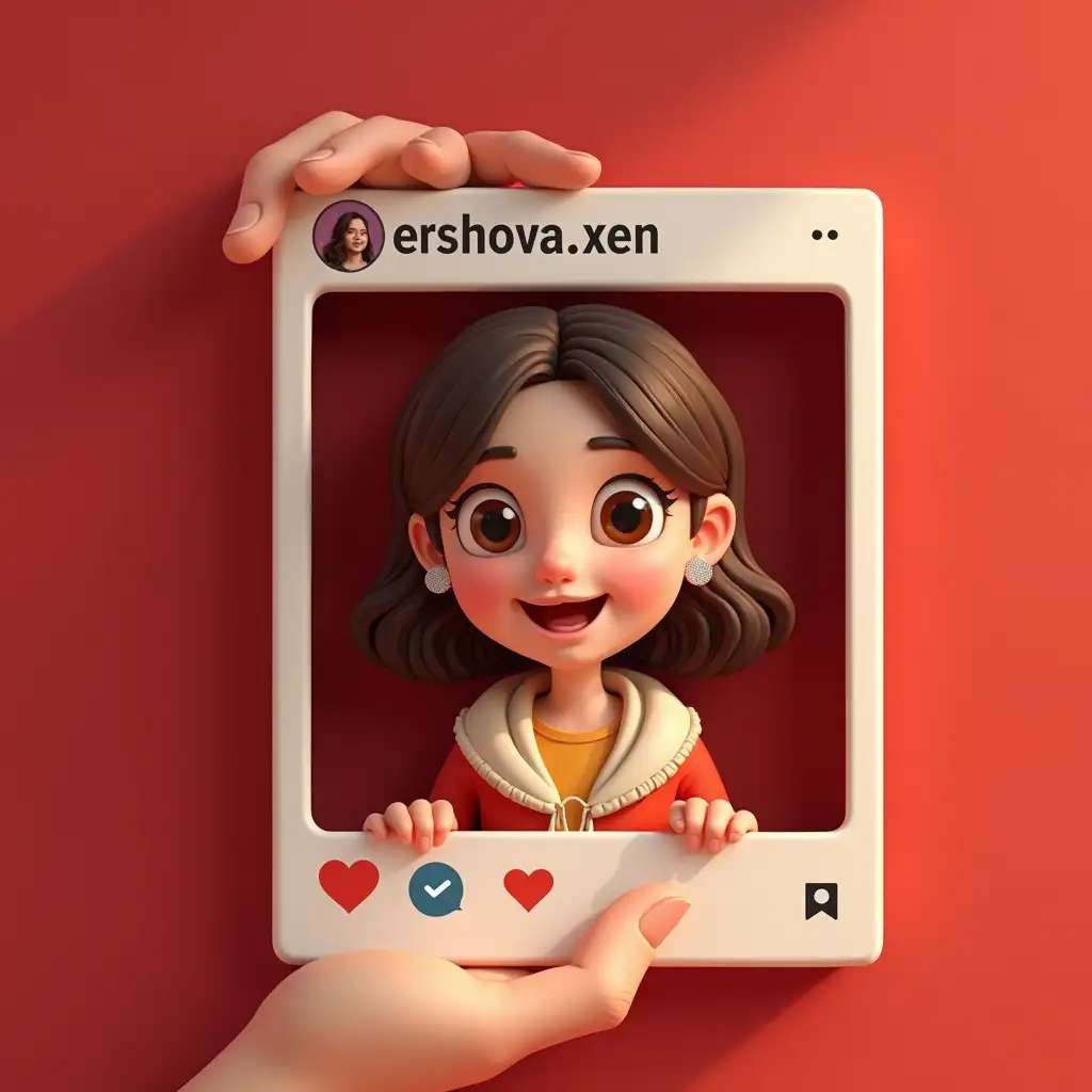 Create a 3D illustration in cartoon style. Portray a girl in full height, peeking out of an Instagram post frame as if she is a social media character. Dress her as on the provided photo (clothes, hairstyle, accessories). The background is maroon color. The girl is happy, kind, with wide eyes and a smile. The name of the profile in the frame: ershova.xen. Add Instagram style icons 'like', 'comment' and 'send'. The frame is held by a hand. Format 3:4