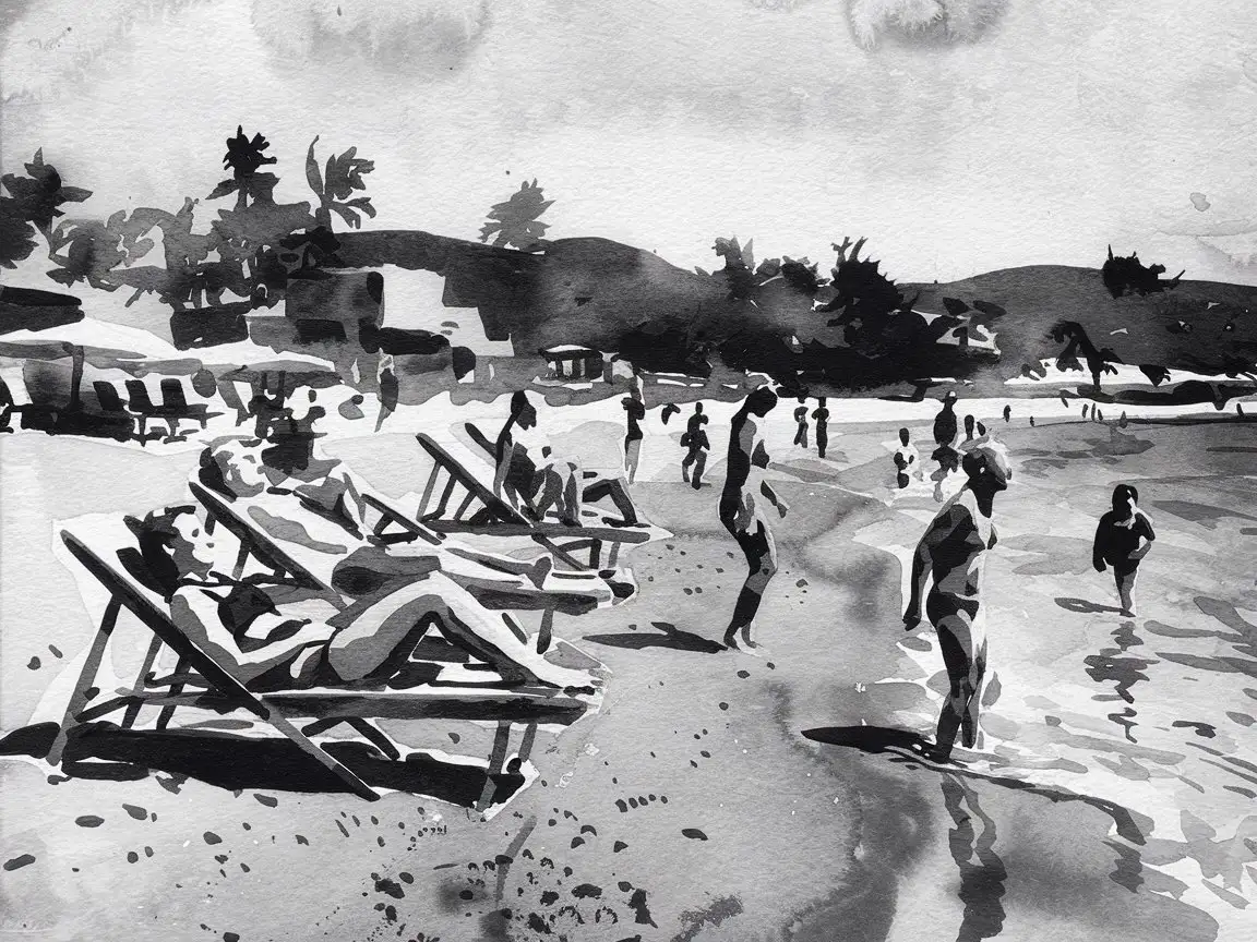 black and white watercolor painting  people enjoying the beach