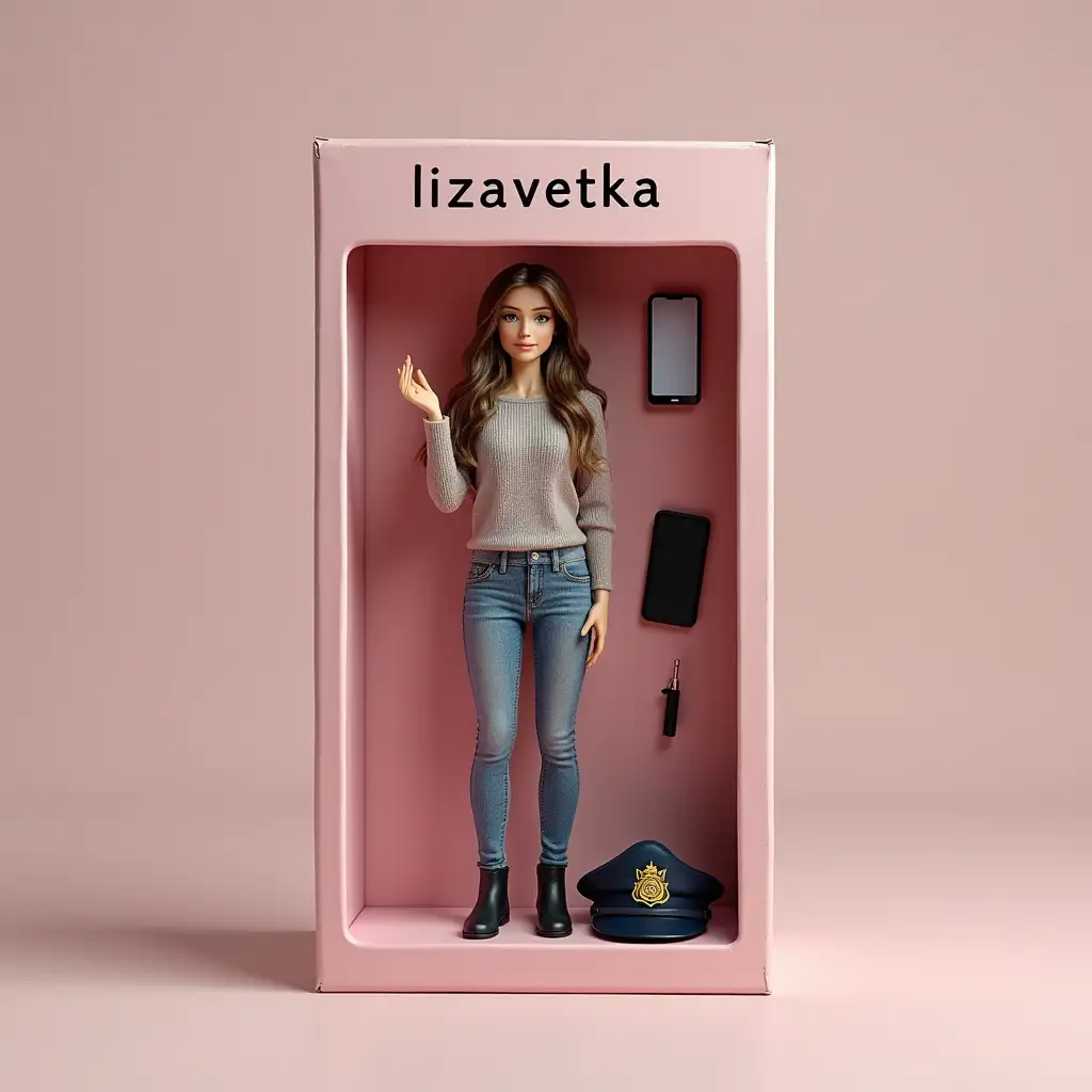 Create an action figure on photo. It should be a full-size figurine. The figure should be standing inside a [light pink] box, and next to the figurine there should be its accessories: [mobile phone, women's traffic police hat, electronic cigarette]. Write 'lizavetka' on top of the box. Make it as realistic as possible.