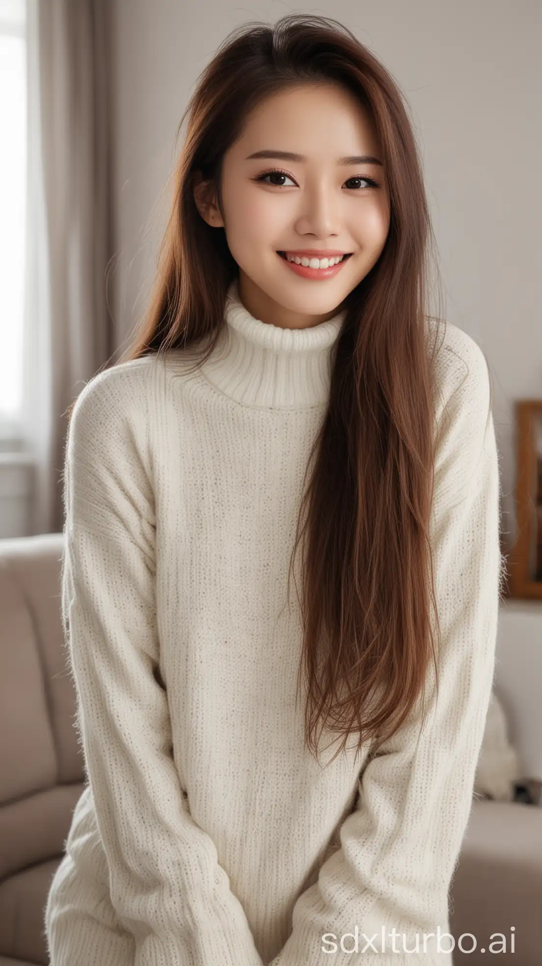 Chinese-Beauty-in-Winter-Living-Room-with-HighNeck-Sweater