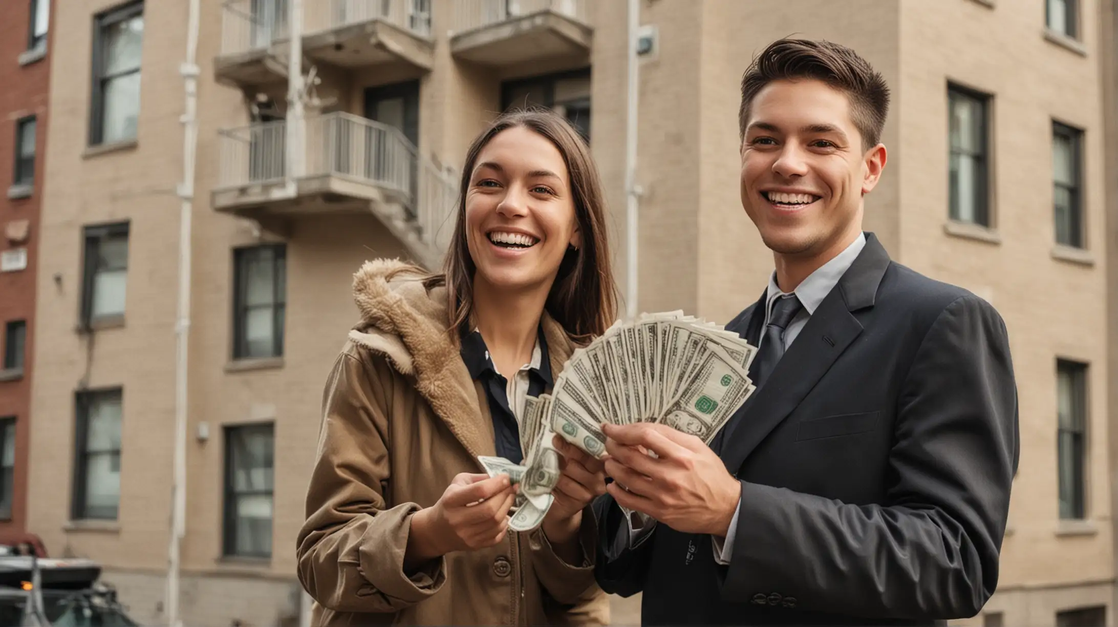 Landlords Holding Money Smiling at Apartment Building