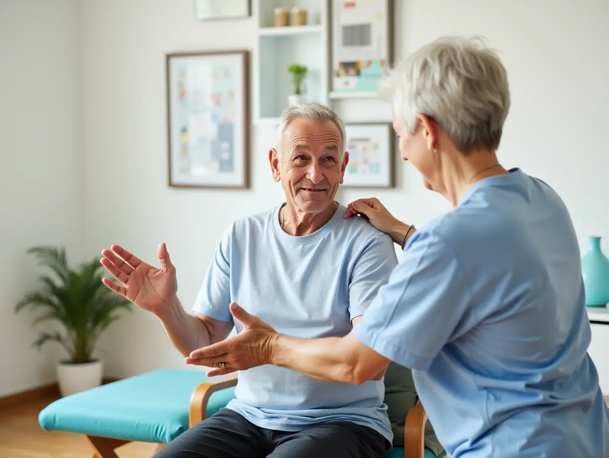 Senior patient exercising under physiotherapist supervision in rehabilitation center