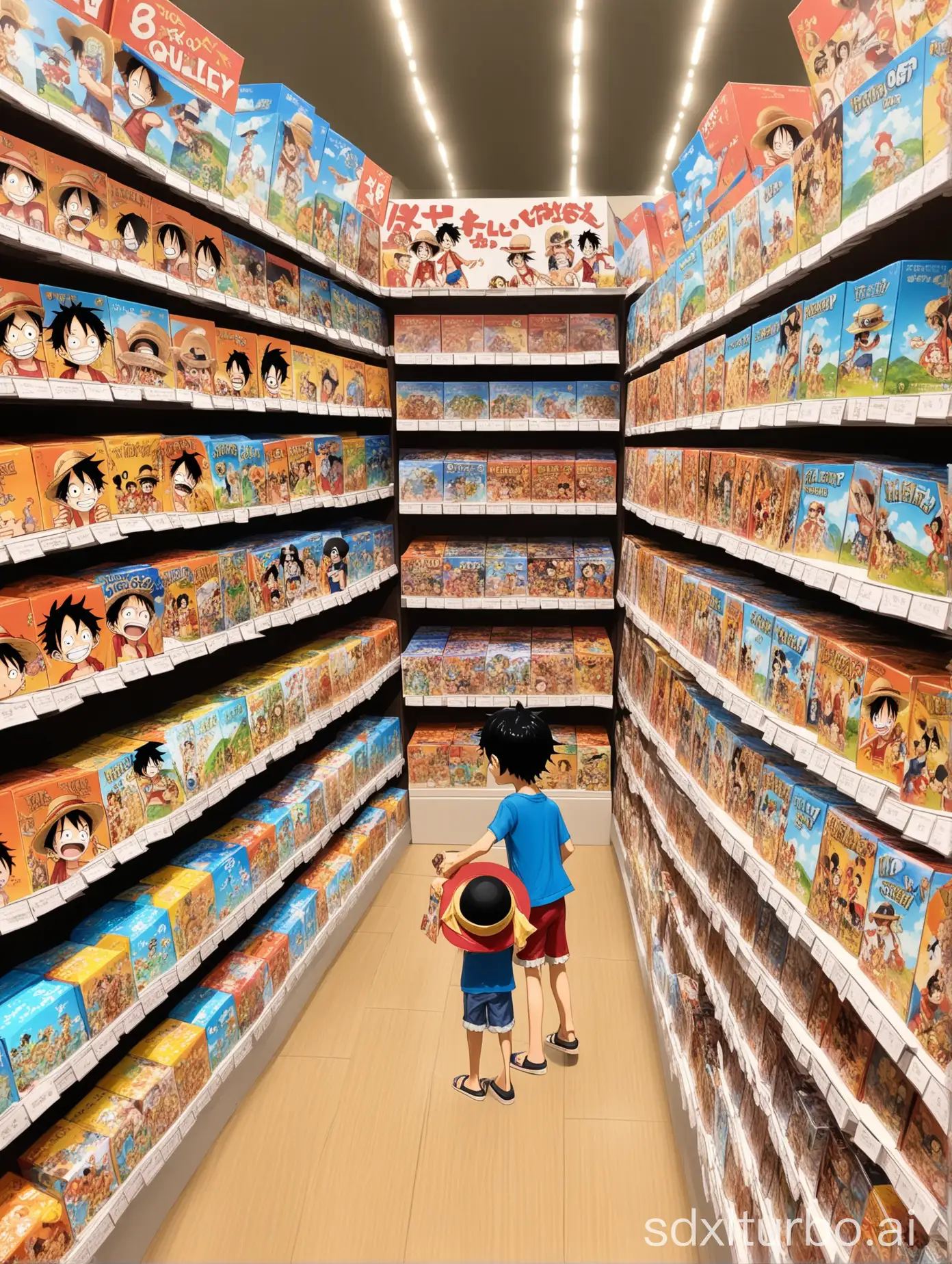 Luffy is buying blind boxes at Two-Dimensional Valley Store, with many little friends around