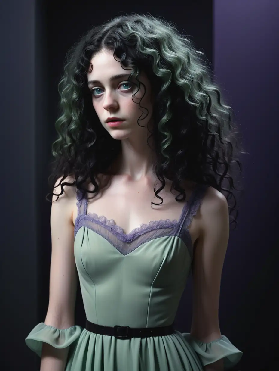 LavenderTrimmed-Sage-Green-Dress-with-Moody-Aesthetic-and-Dramatic-Lighting