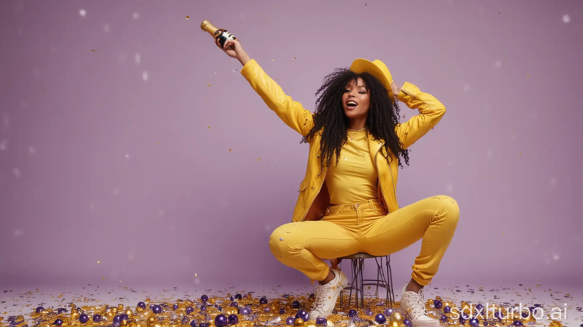 Young-Woman-Rapper-in-Yellow-Jogging-Suit-Celebrating-with-Champagne-and-Confetti-with-Man-in-Purple-Leather-Jacket