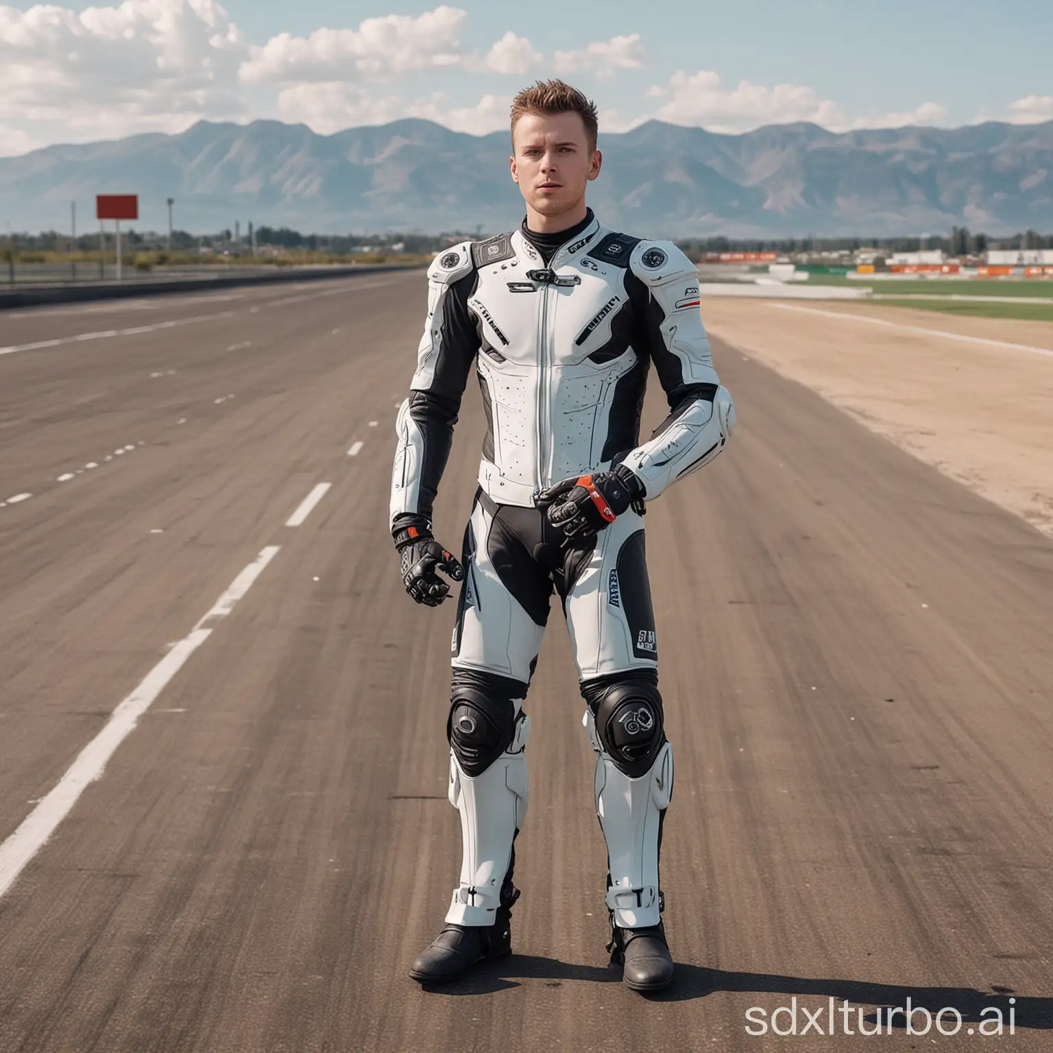 An male white AI influencer who is an expert in motorcycle. He is standing on an empty race track with a racing bike beside him. It bright mroning time.