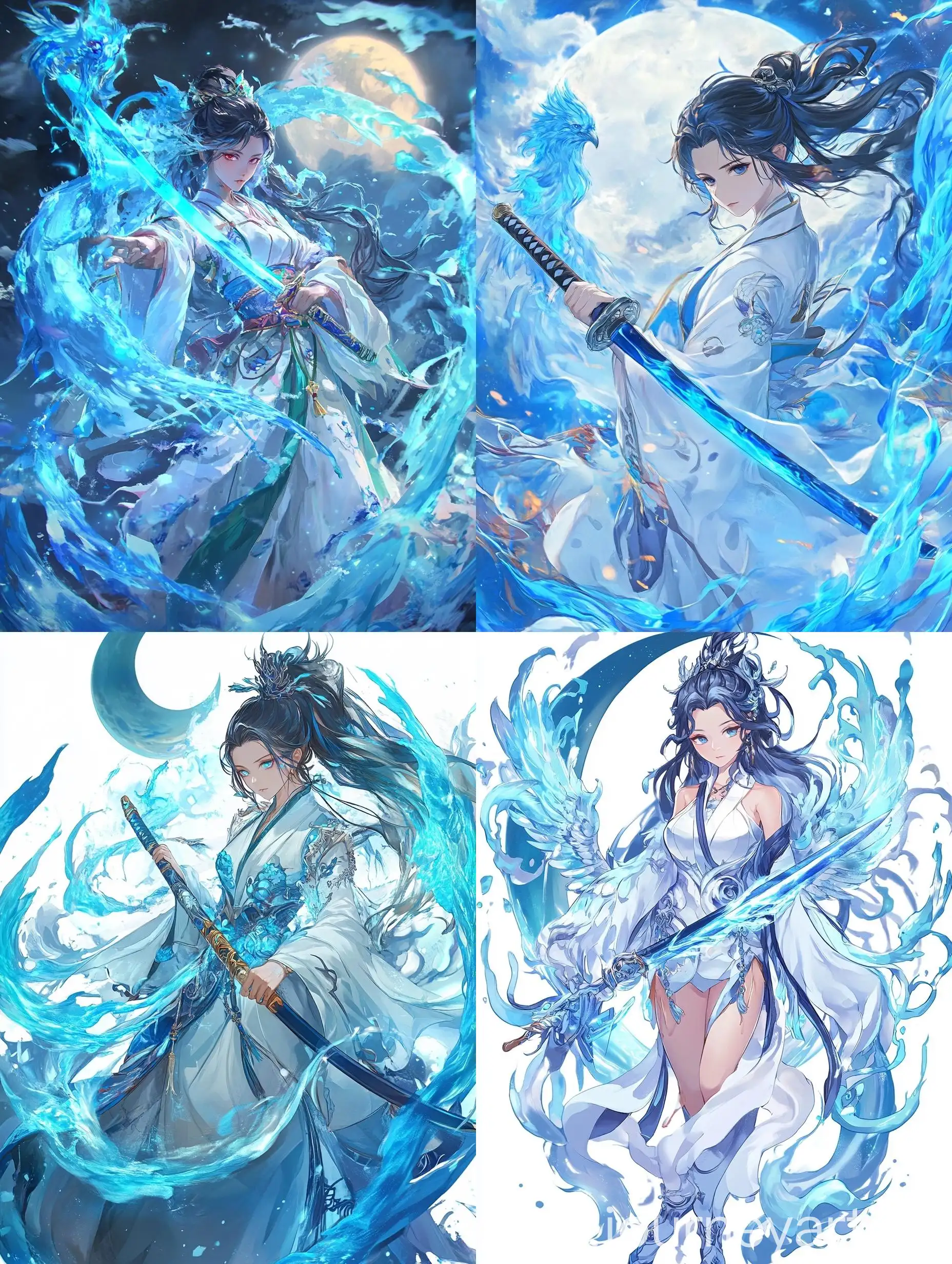 Anime-Gacha-Game-Character-Ice-and-Blue-Flames-Katana-Warrior