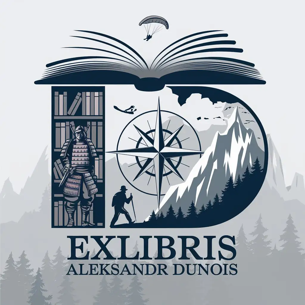 a vector logo design,with the text "Exlibris Aleksandr Dunois", main symbol:Exlibris: A book is open, a samurai in armor stands, a compass rose, in the background a bookshelf with books transitions into a mountain range. A paraglider is flying, a tourist is hiking through the mountains, at the foot of the mountains there is a forest,Moderate,clear background