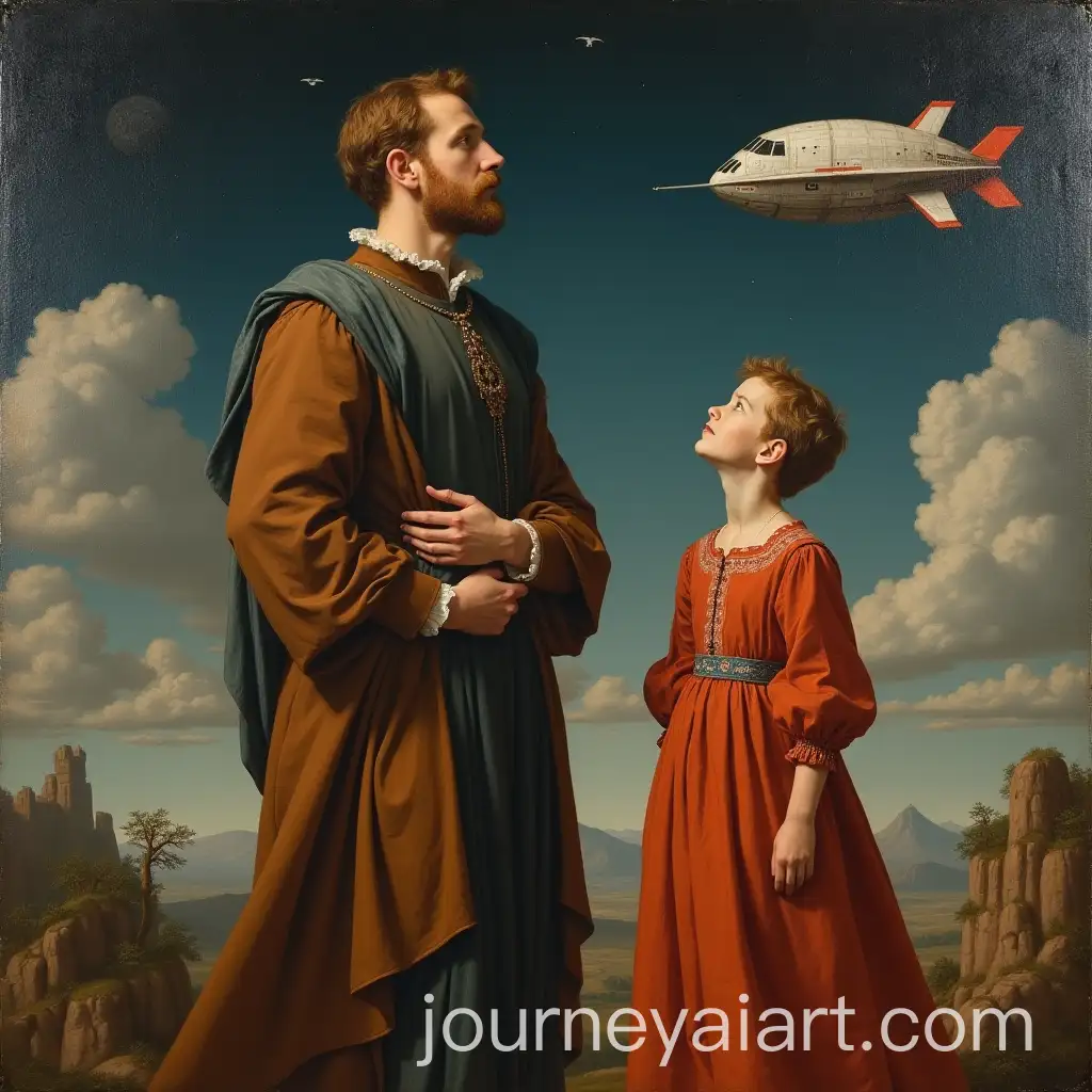 Renaissance-Father-and-Son-Gazing-at-Spaceship-in-Oil-Painting