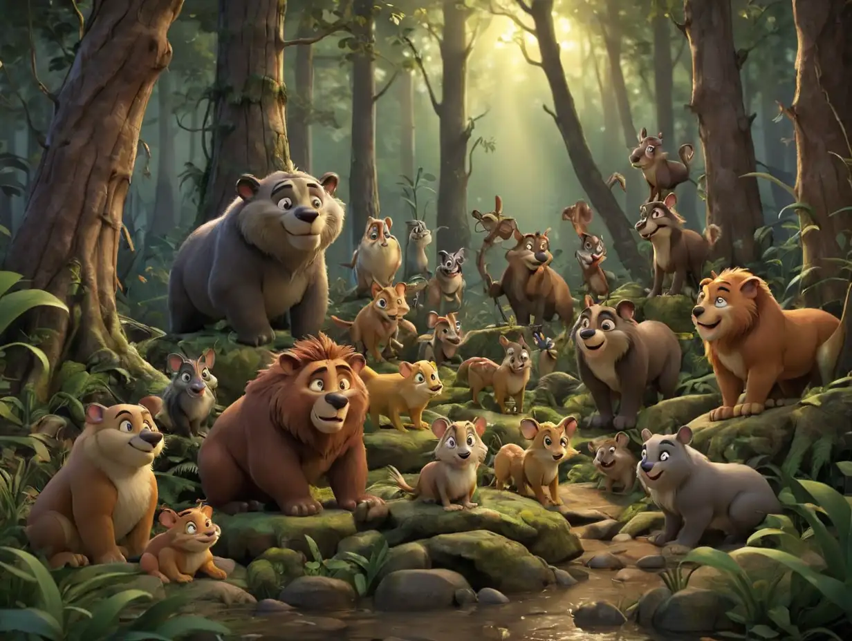 animals were gathering for their evening meeting, deep forest, 3d disney inspire