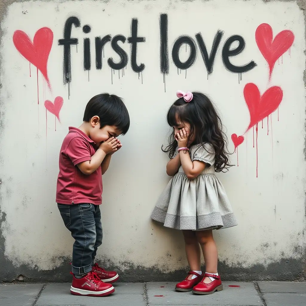 graffiti on wall, child in red shoes is crying with his head down and girl dressed as cute doll stands next to him covering her face. Text on the wall 'first love'. The graffiti should be in black paint. There's an outline of two hearts on one side of it.