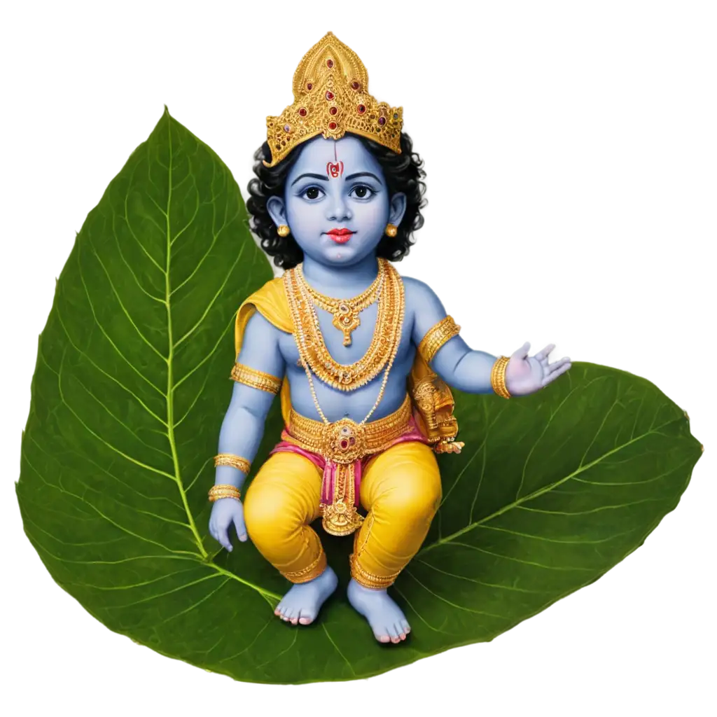 2YearOld-Lord-Krishna-Sitting-on-a-Big-Pipal-Leaf-PNG-Image-HighQuality-Digital-Artwork