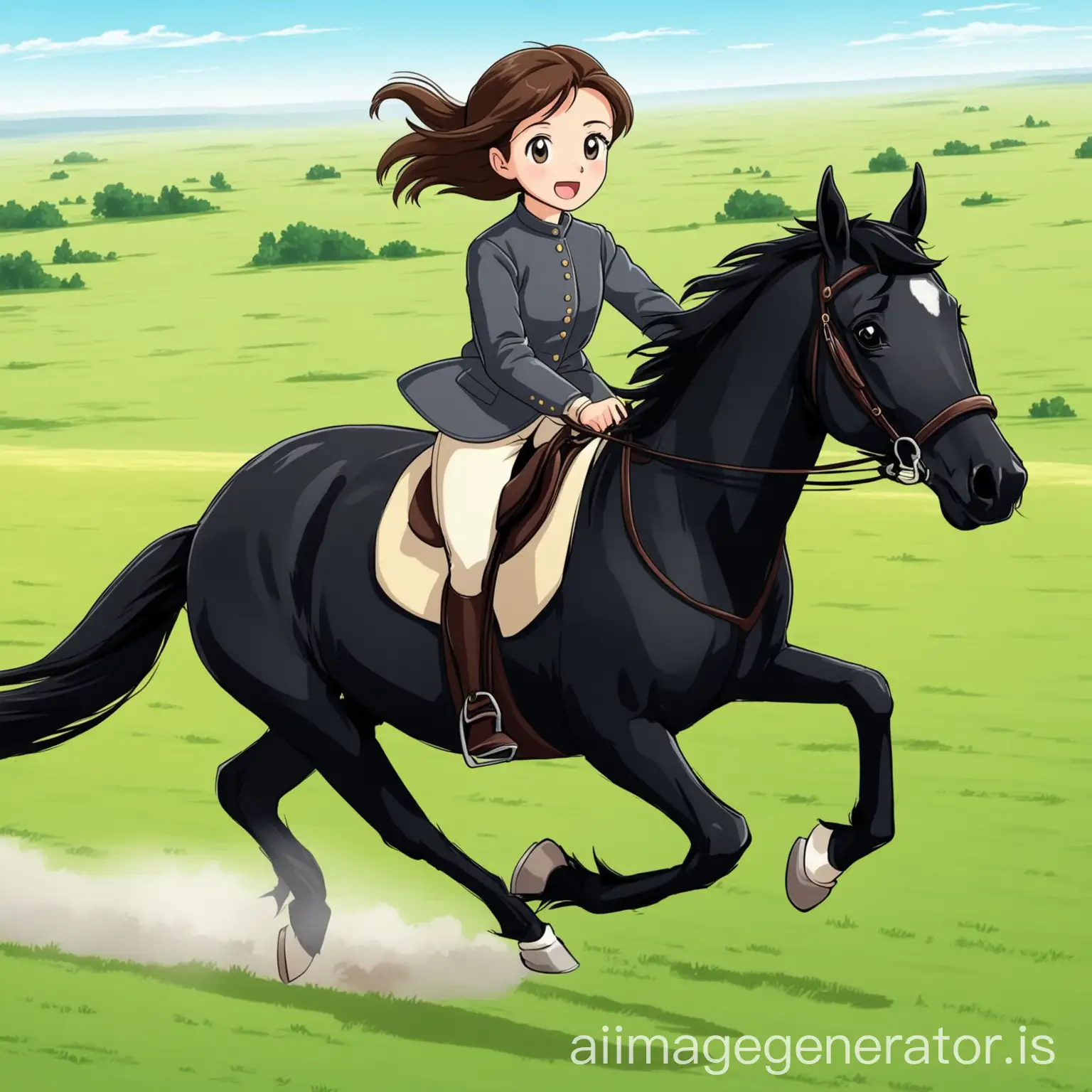 I need a cute picture of a girl riding a black horse in a cartoon, the horse is running, the girl is wearing riding clothes, and the background is a prairie