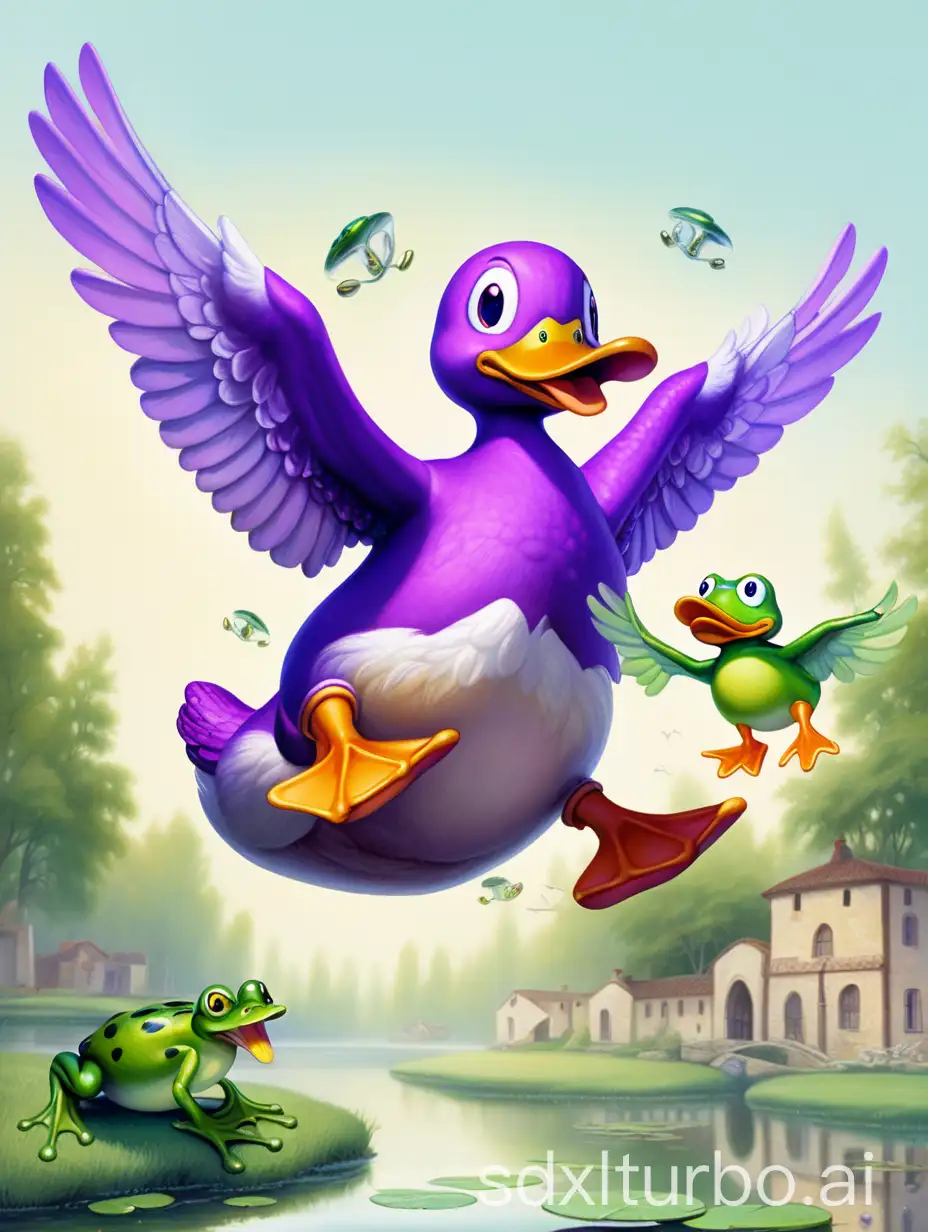 Fantasy-Purple-Duck-with-Frogs-Head-Flying-in-Dreamlike-Scene