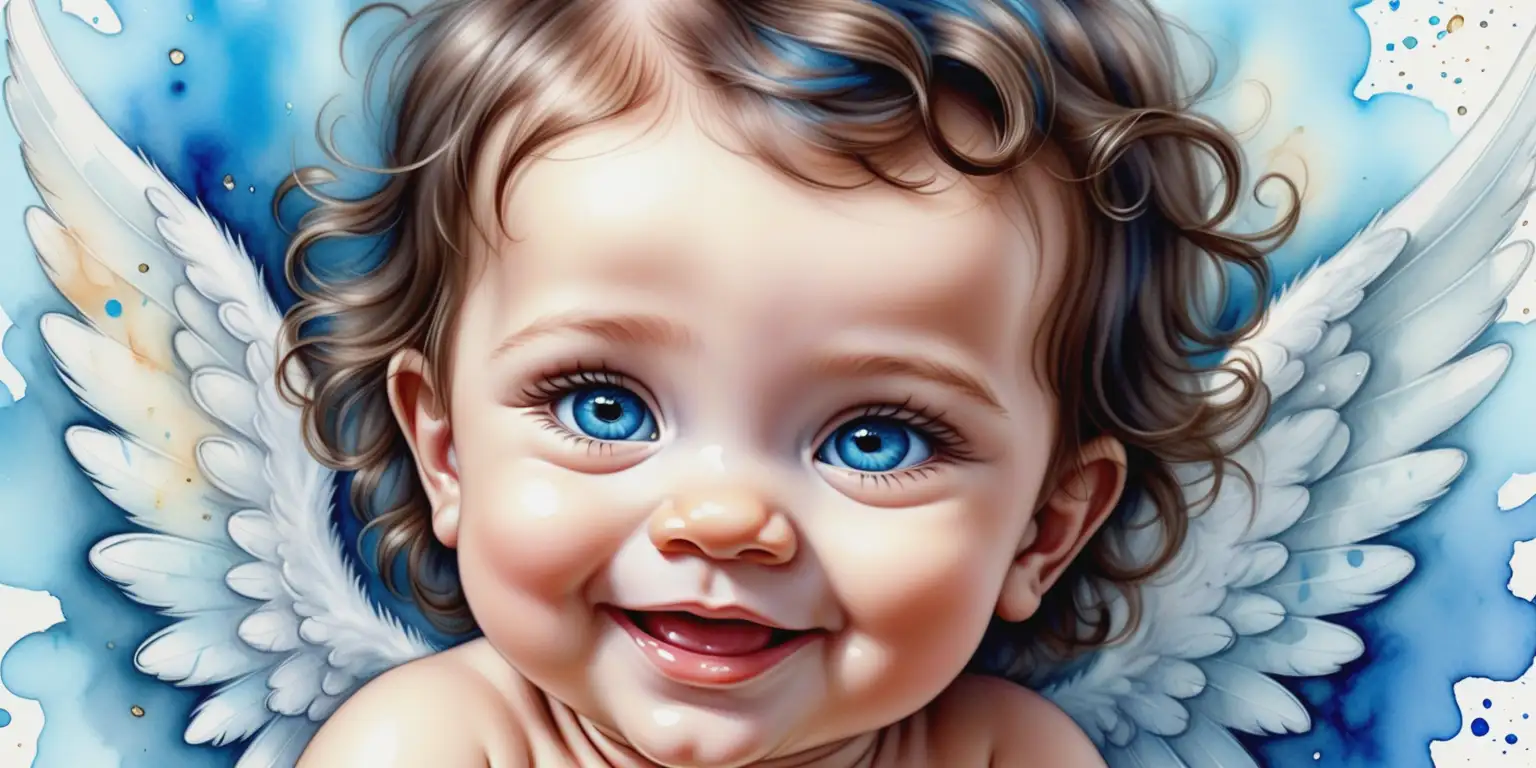 Hyperrealistic Illustration of a Cherubic Angel Baby with Brunette Hair and Crystal Blue Eyes