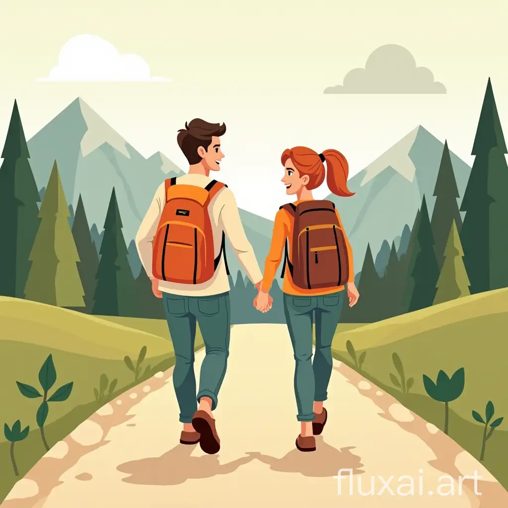 Cartoon-style (flat design) illustration of a friendly couple with loring nature, with vibrant colors, smooth lines, and a retro comic vibe. A couple is walking along the road with backpacks on their backs, they are talking cheerfully to each other. a view of the couple from the front. Background includes elements like trees, mountains, and travel icons. Couple walks along parallel paths. Use beige, light green, orange, gray, white and black as a base. Use bright, saturated colors as an accent.