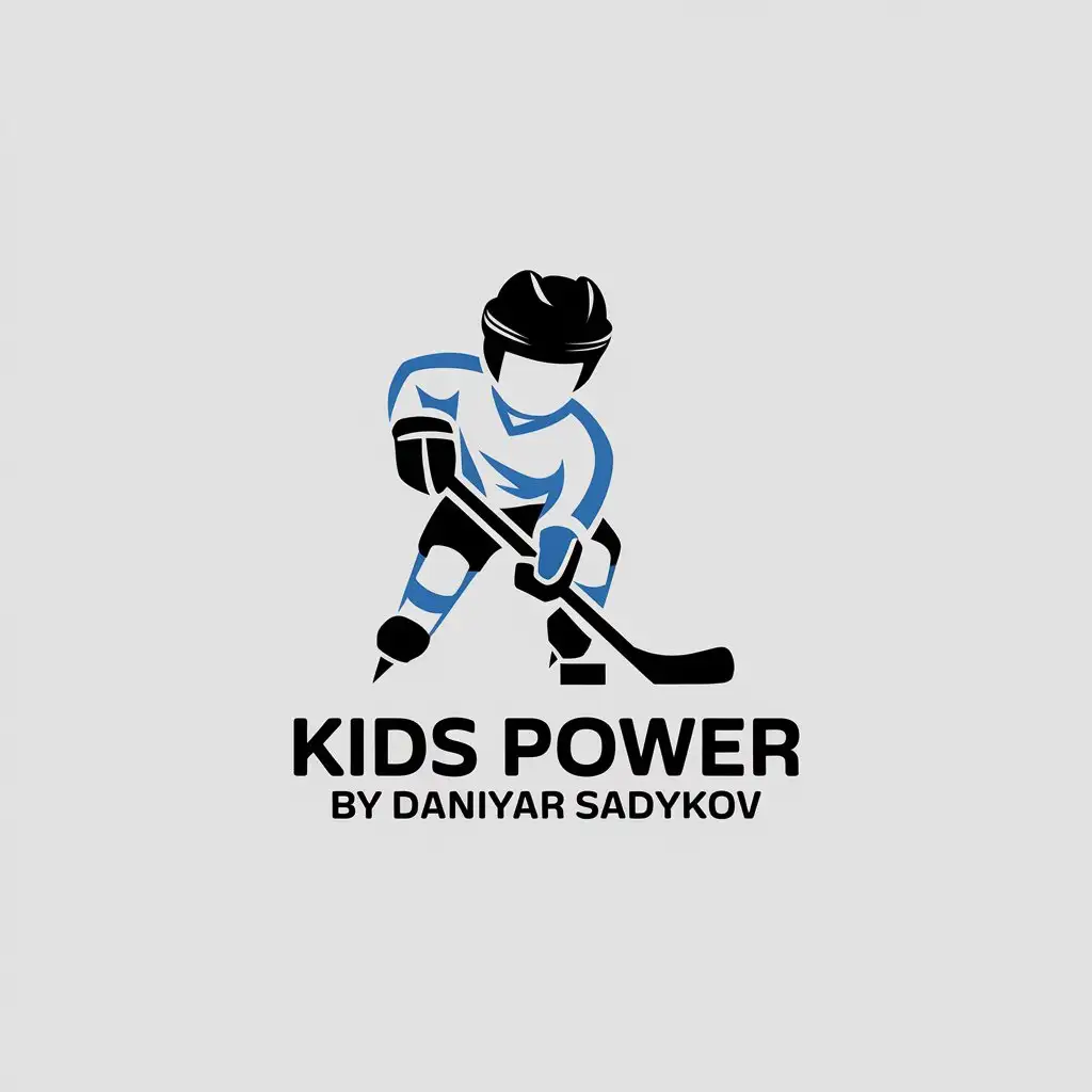 a vector logo design,with the text "Kids power 
by Daniyar Sadykov", main symbol:A young hockey player  Colors( white, blue, gray),Minimalistic,be used in youth hockey coach industry,clear background