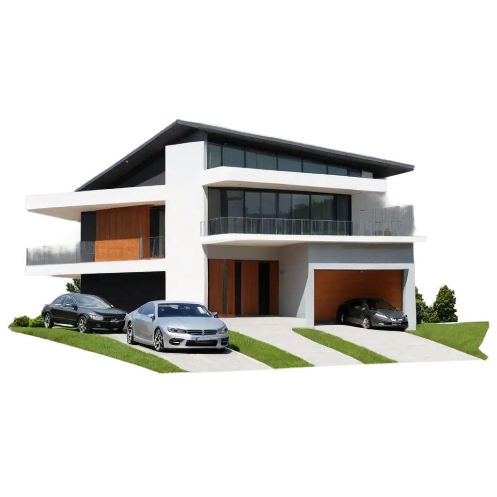 a modern house with cars