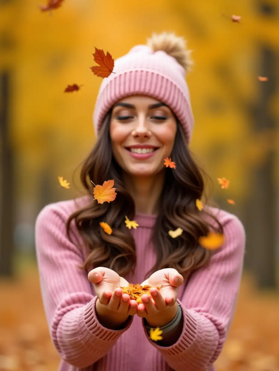 Brunette woman scattering autumn leaves with her hands, dynamic pose, straight curls, wearing knitted pink hat, pink sweater, detailed with high quality, beautiful autumn, leaves flying. realistic photo