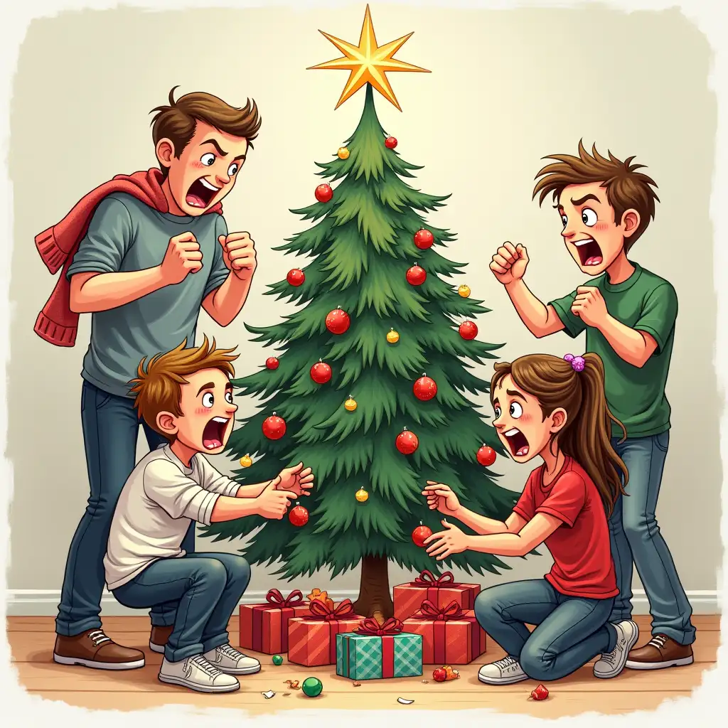 Draw a picture of an angry dysfunctional family around a Christmas tree and the kids ripping presents open throwing clothes over their shoulders