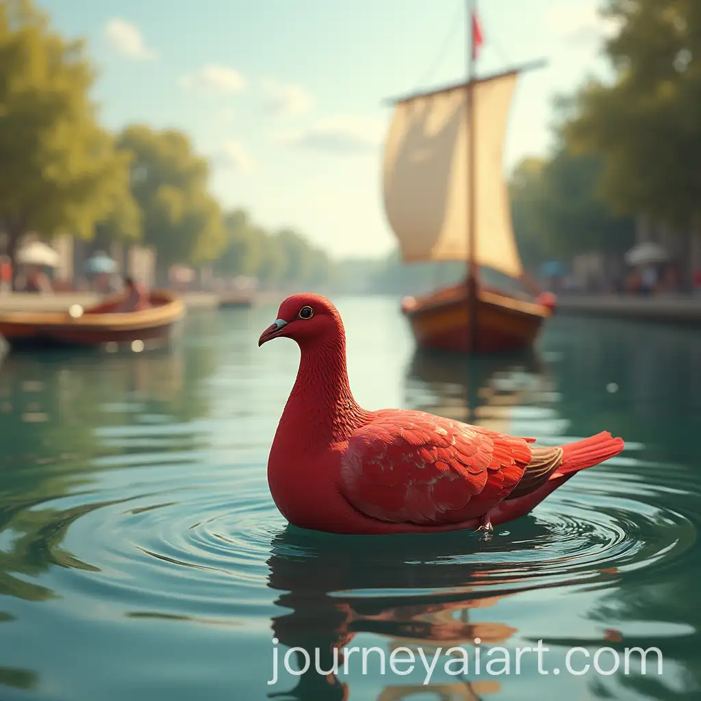 Red-Dove-Flying-Over-River-with-Sails-and-Boat