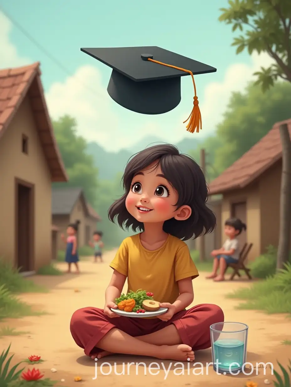 Young-Girl-Enjoying-Food-in-a-Rural-Village-with-Graduation-Symbol-and-Warm-Community-Atmosphere