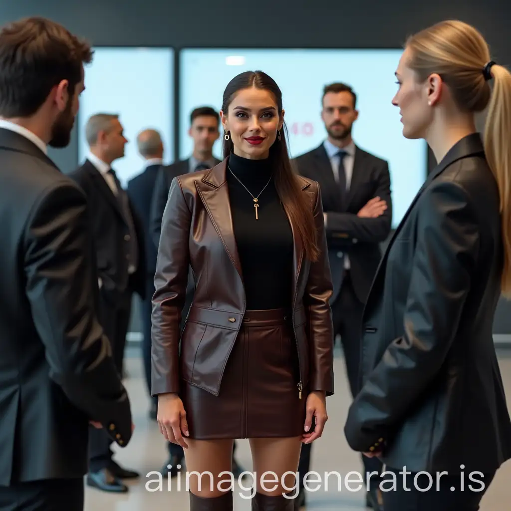 Photo in a modern, spacious office with bright artificial light. A group of people are standing in the spacious office, before a big flatscreen. The group consists of 7 men and two women. The women stand in the middle. One is a beautiful, 30-year-old, slim and athletic French woman with long, straight, dark brown hair in a ponytail. She looks severe. She has professional makeup, dark red lips, gold earrings and a necklace with a small key. She is wearing a dark brown leather costume consisting of a dark brown leather pencil skirt, a black turtleneck sweater, a very elegant, short, collarless, dark brown leather jacket. She also wears matching, knee-high, dark brown leather stiletto boots. She is smiling. The other woman is a 40 year old German, with long blonde hair, a beautiful face, professional makeup, dark red lips and silver jewelry. She is wearing a black leather business suit and high heel ankle boots. She also wears an anklet. The French woman talks to the men.