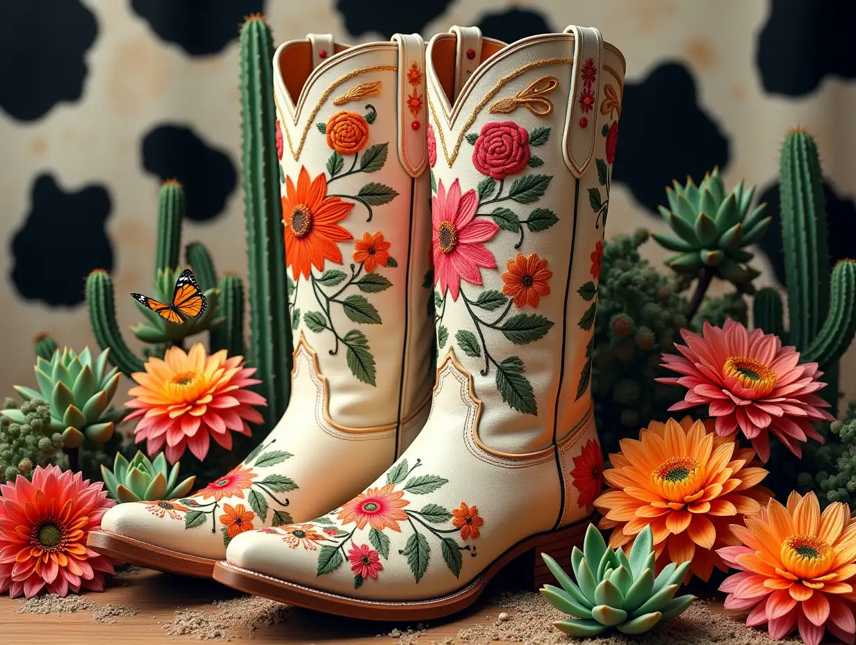 Create a hyperrealistic image of a pair of ornate, cream-colored cowboy boots decorated with floral embroidery in vibrant reds, oranges, yellows, and greens, surrounded by a profusion of desert succulents and cacti featuring detailed textures and varying shades of green. Include large, detailed blooms such as dahlias and other desert flowers filling the spaces around the boots, enhancing the artistic impression. Butterflies should flutter amidst the floral arrangements. Set the scene against a backdrop of a cowhide print in black and white. Use warm, earthy tones to provide a Southwestern aesthetic, with bright lighting that highlights the intricate details of the floral embroidery, plant textures, and boot patterns.