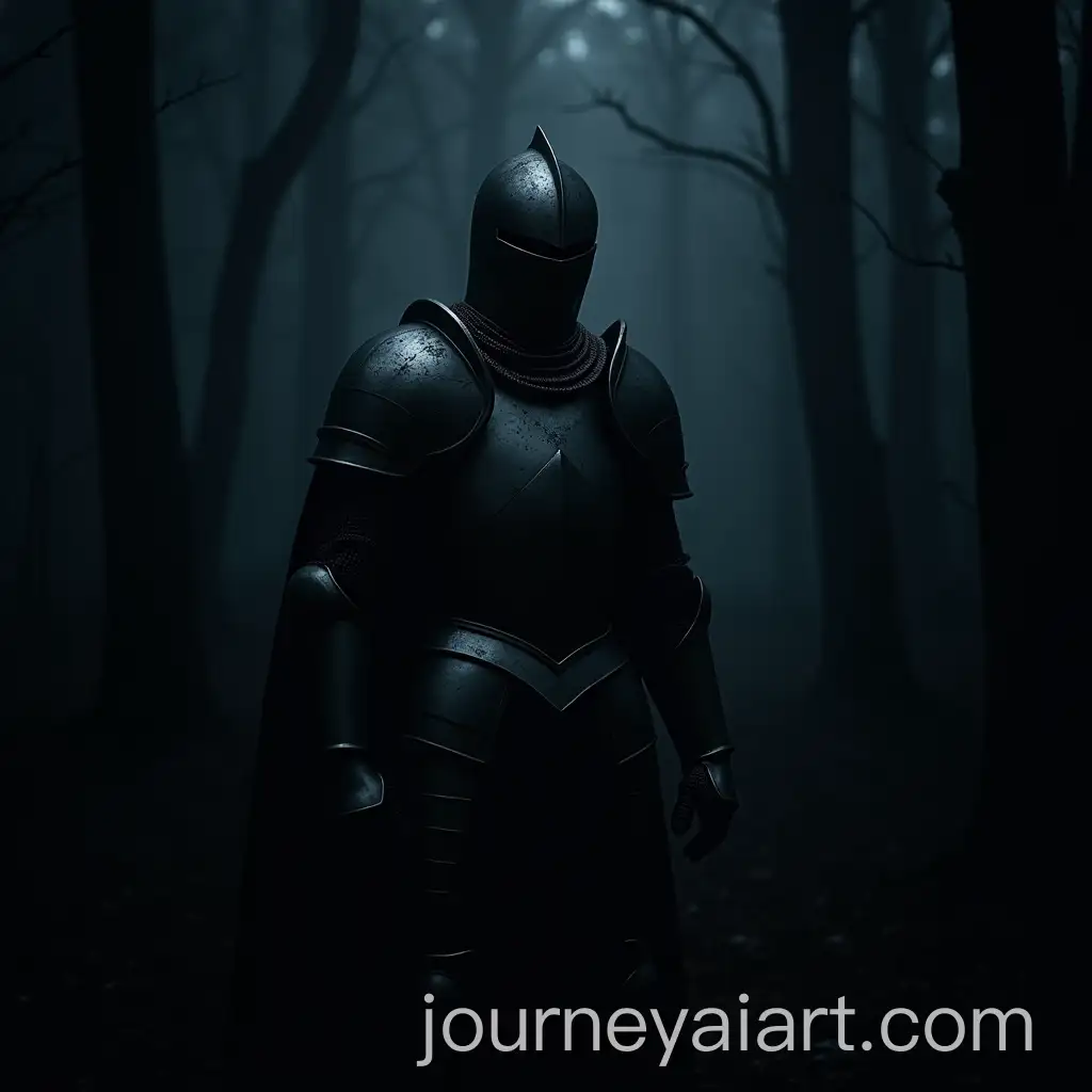 Gothic-Knight-in-Heavy-Armor-Illuminated-by-Flashlight-in-Darkness