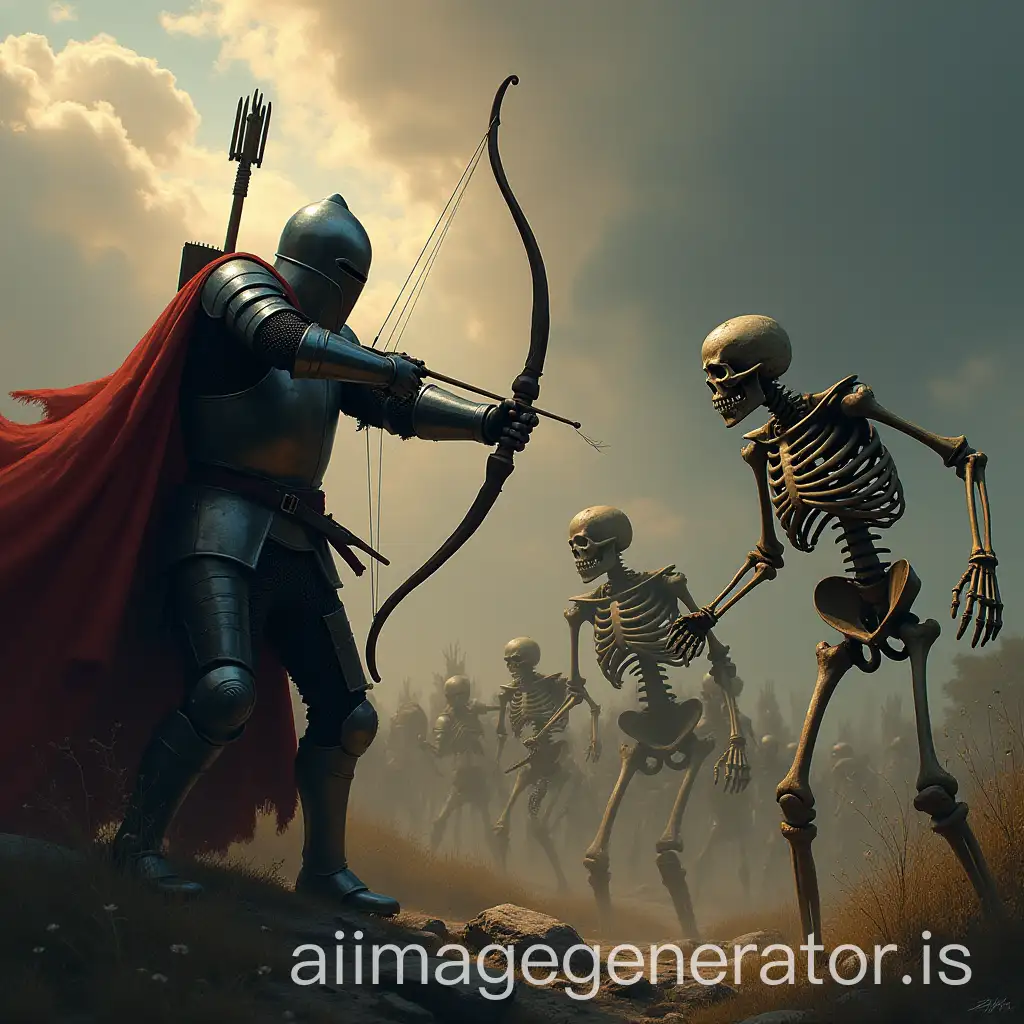 knight shoots from a bow at skeletons