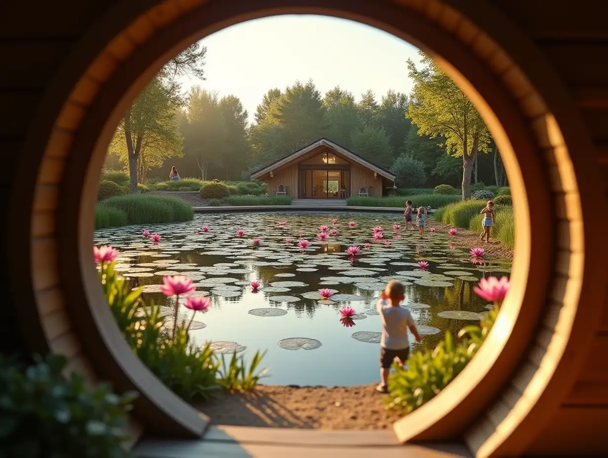 The view from the hobbit house through a round window to the shore of a large pond with large pink water lilies, on the other side of the pond with large pink water lilies, children and other people are walking and playing by the water, on the other side there is also a simple wooden pergola and a chalet house with panoramic windows in all walls from floor to roof, that is, each wall is the panoramic window, everything else around the pond is a minimalist landscape design, a sunset sunny day and a lot of sunset sunlight, the foreground is in focus and the background is blurred