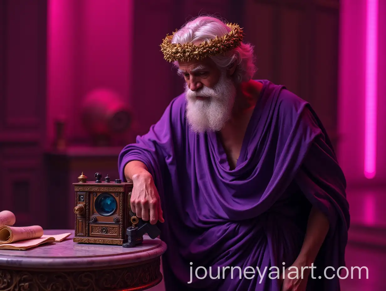 Socrates-Repairing-an-Ancient-Quantum-Machine-in-a-Neon-Hall