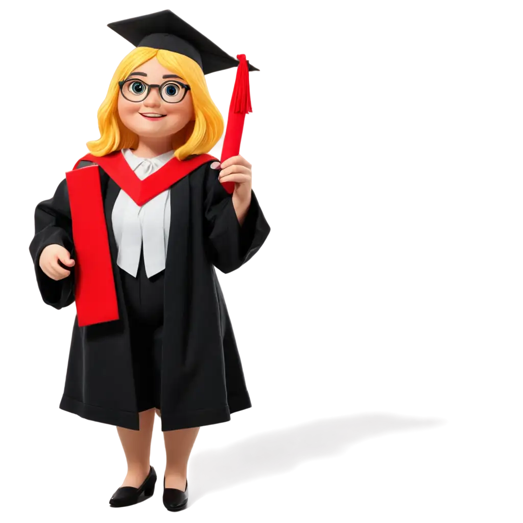 Blonde-Law-Graduate-Mascot-PNG-Diploma-in-Hand-Red-Sash-Around-Waist