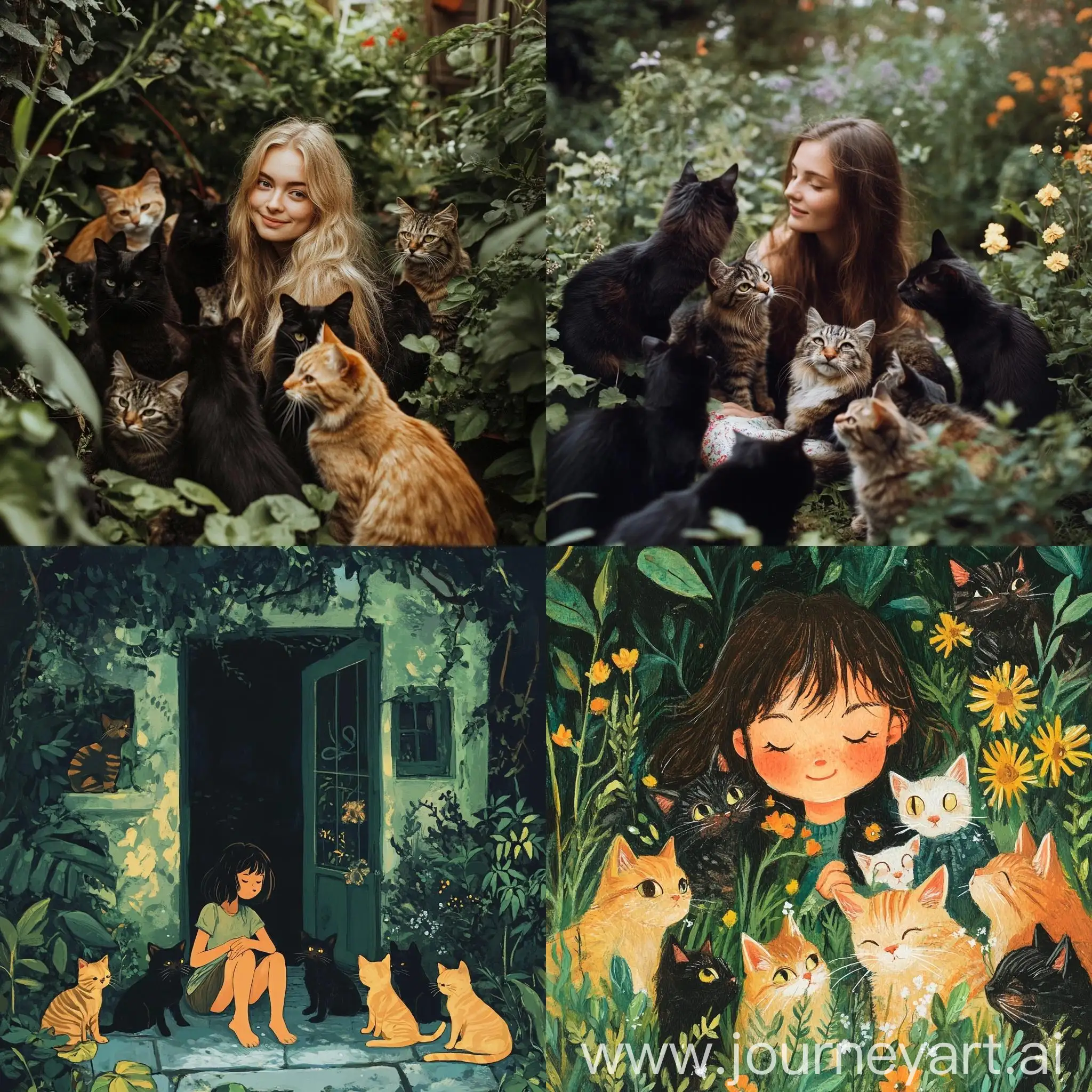 Girl-Living-with-Seven-Cats-in-Garden