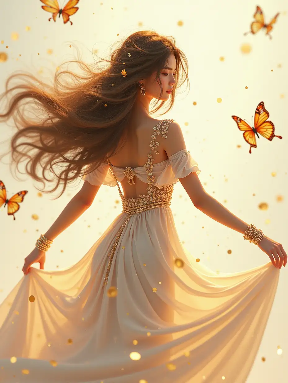 Stardust, golden sequins, delicate light background, bright butterflies, excellent drawing, dynamics, wind, hyperdetalization, drawings on skin, airy dress, exotic woman, very long iridescent hair, mother-of-pearl threads and lines, earrings - bracelets - beads of beads and flowers, arbitrary pose, 3d