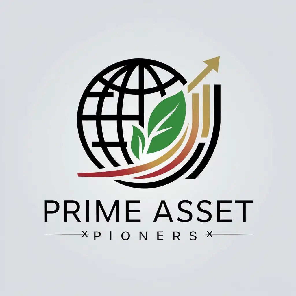 LOGO Design for Prime Asset Pioneers Globe Leaf Graph with Black Gold Green and Red Theme