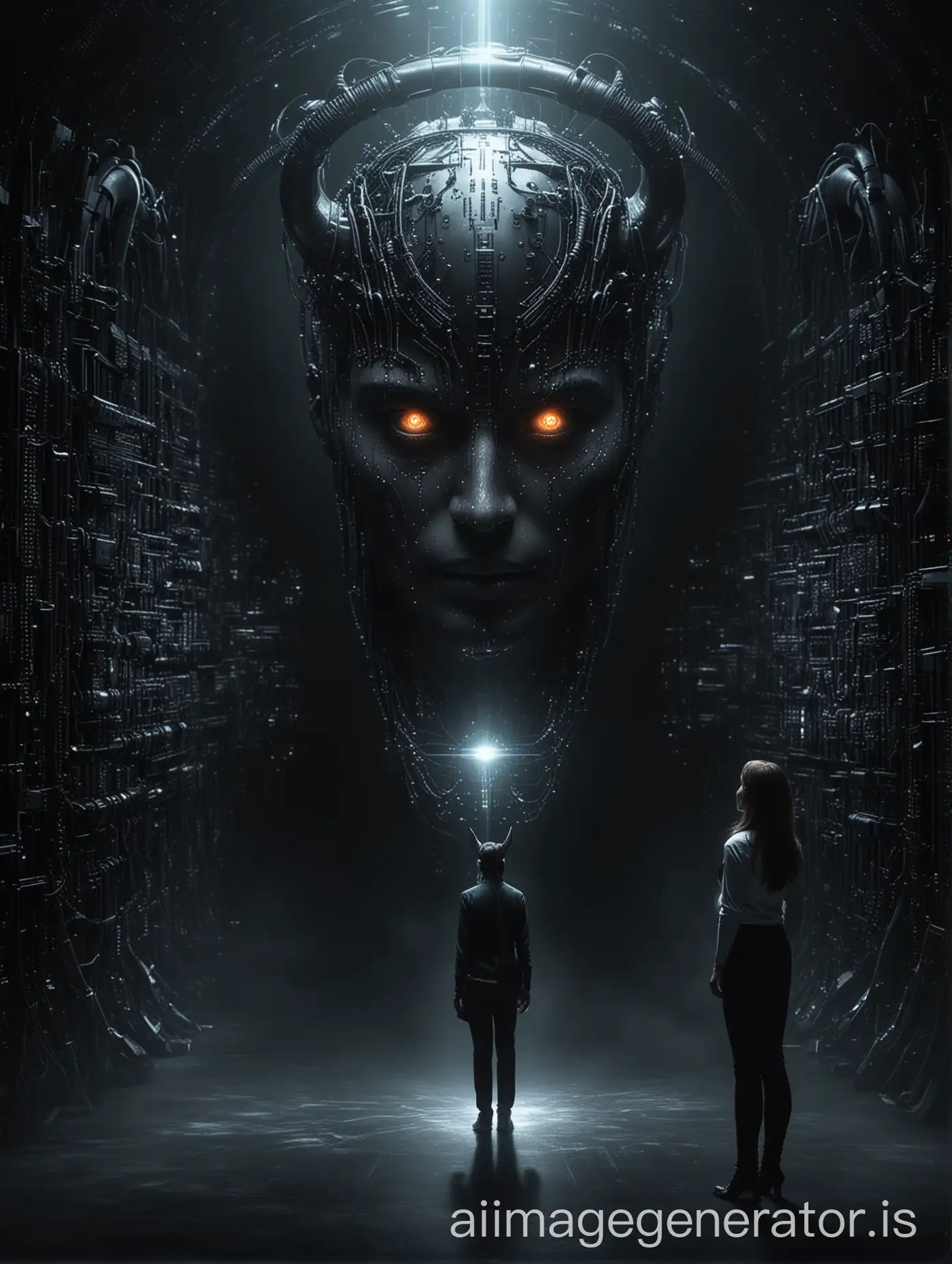 Dark and mysterious image with: a man, a woman and a quantum computer. Including more than one human, in the darkness. Add in a pair of horns separate to the two humans.