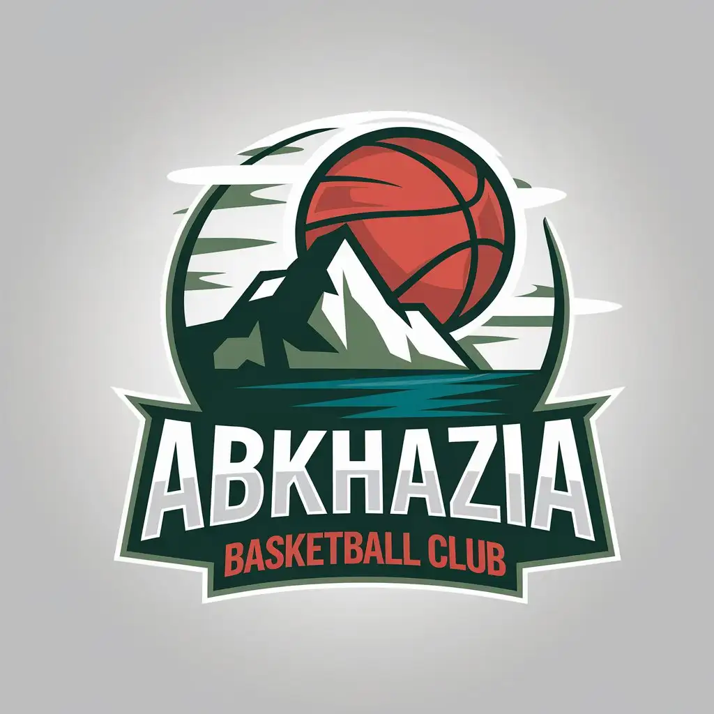 a vector logo design,with the text "Abkhazia basketball club", main symbol:A basketball on a mountain by the sea Colors: green, white, red,Moderate,be used in Sports Fitness industry,clear background