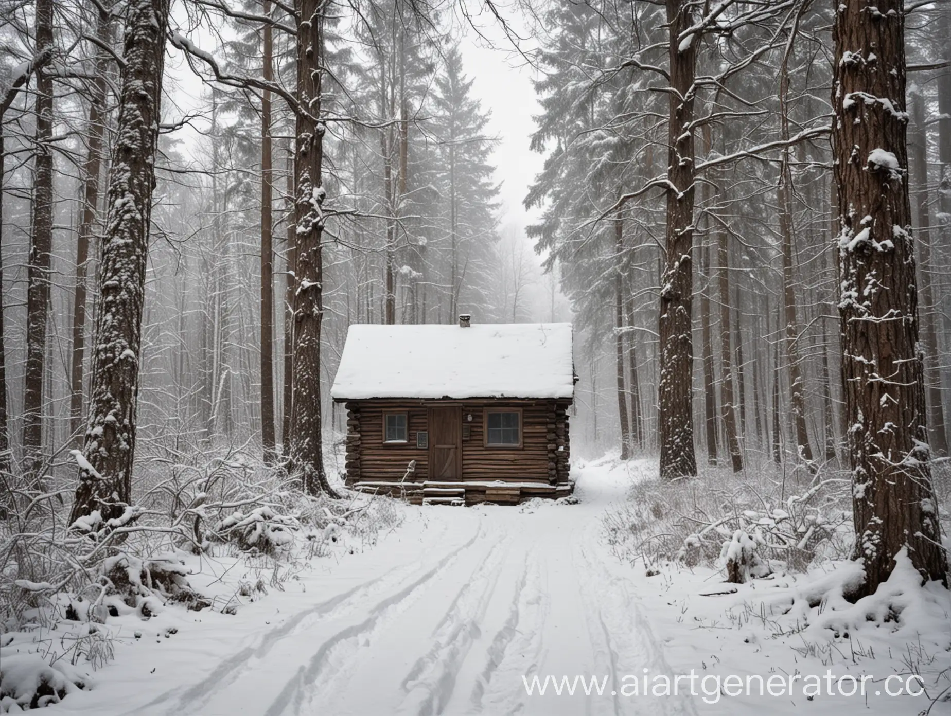 Snowy-Winter-Forest-Scene-with-Old-Cabin-and-Narrow-Path