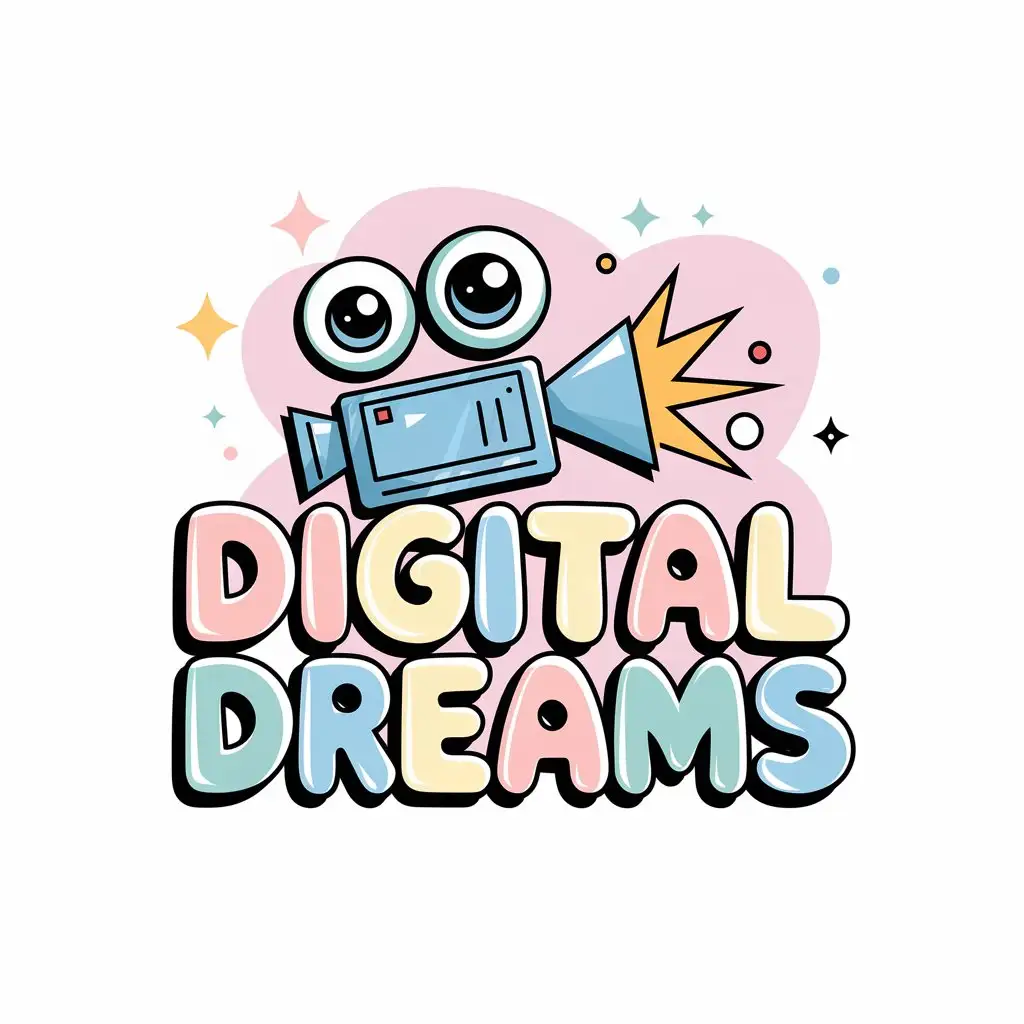 LOGO Design for Digital Dreams Dreamy Video Camera with Bubble Letters and Clear Background